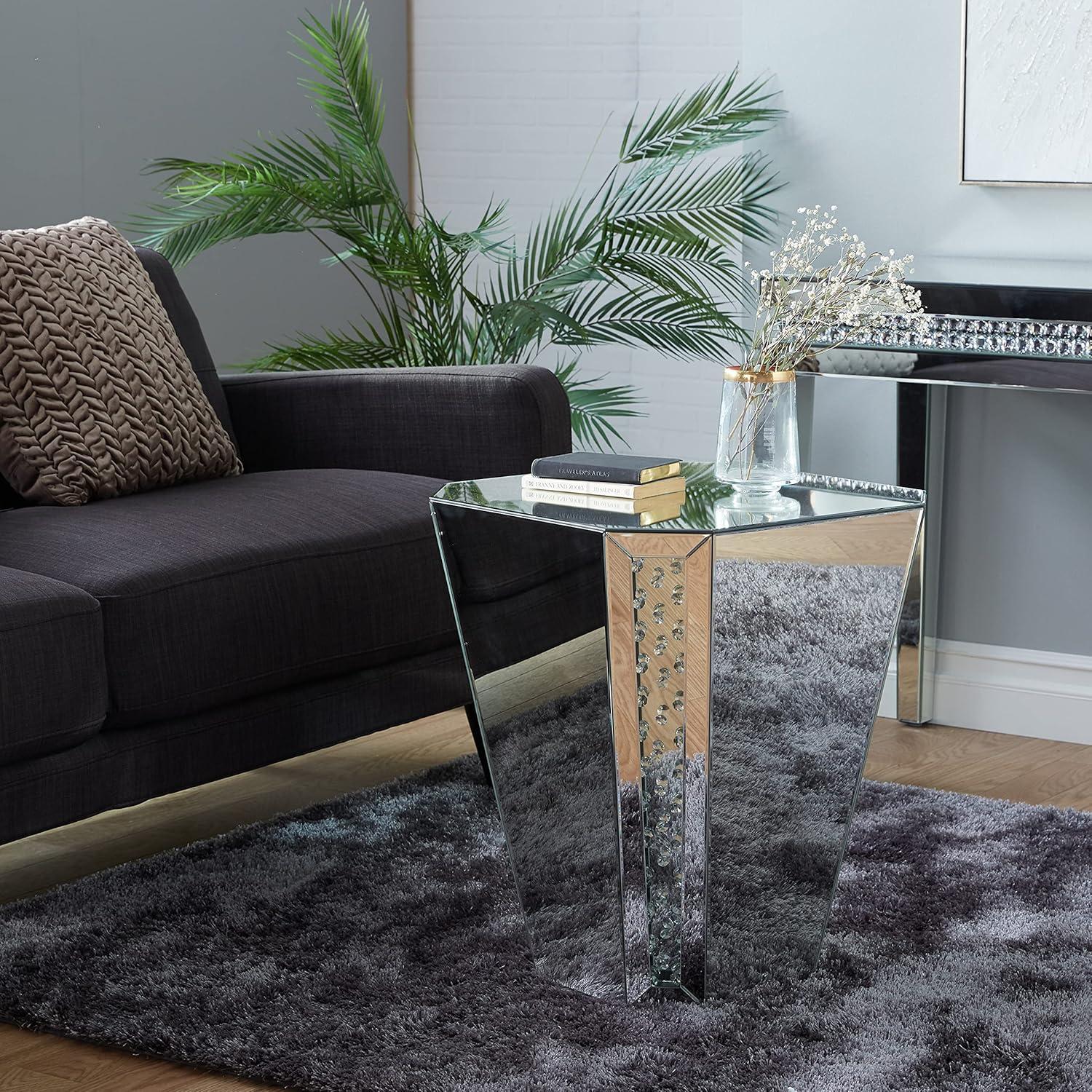 Silver Mirrored Geometric Wood and Glass Accent Table