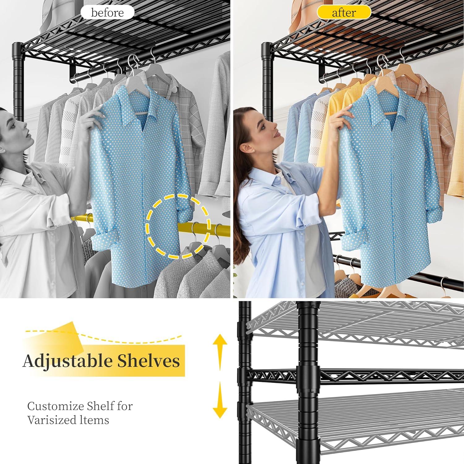 Clothes Rack Heavy Duty Clothing Rack Load 775LBS Clothing Racks for Hanging Clothes Adjustable Closet Rack Metal Wadrobe Closet Wire Garment Rack Clothes Rack 45.5" W x 77" H x 16.5" D Black