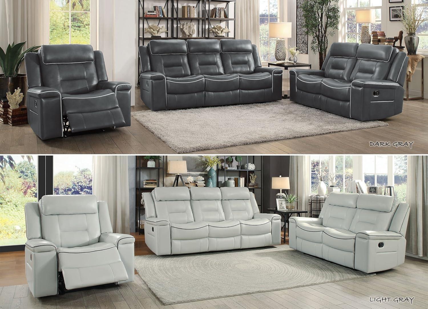 Modern Light Gray Faux Leather 88.5" Reclining Sofa with Wood Accents