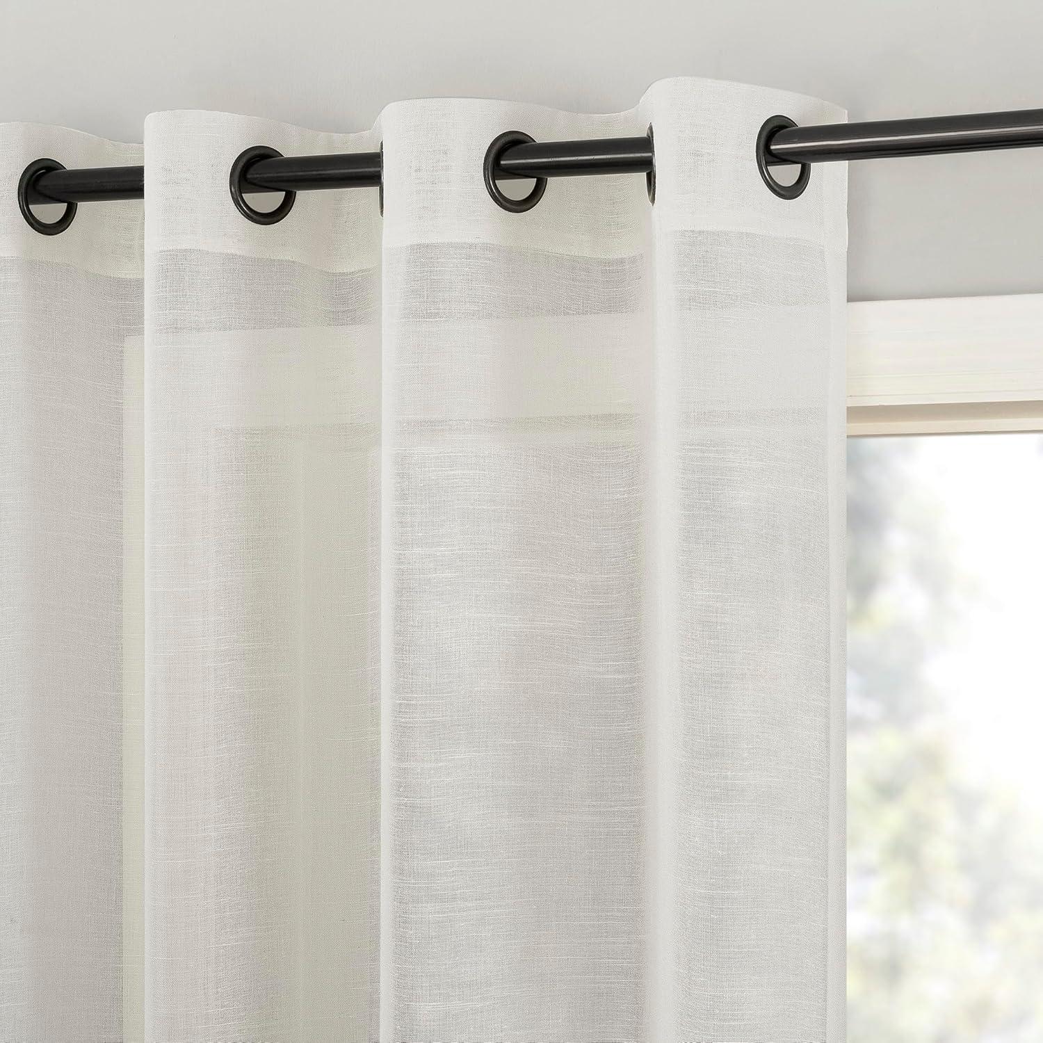 52"x84" Archaeo Light Filtering Slub Textured Linen Blend Black Grommet Top Curtain Panel Ivory: Modern Indoor Curtain