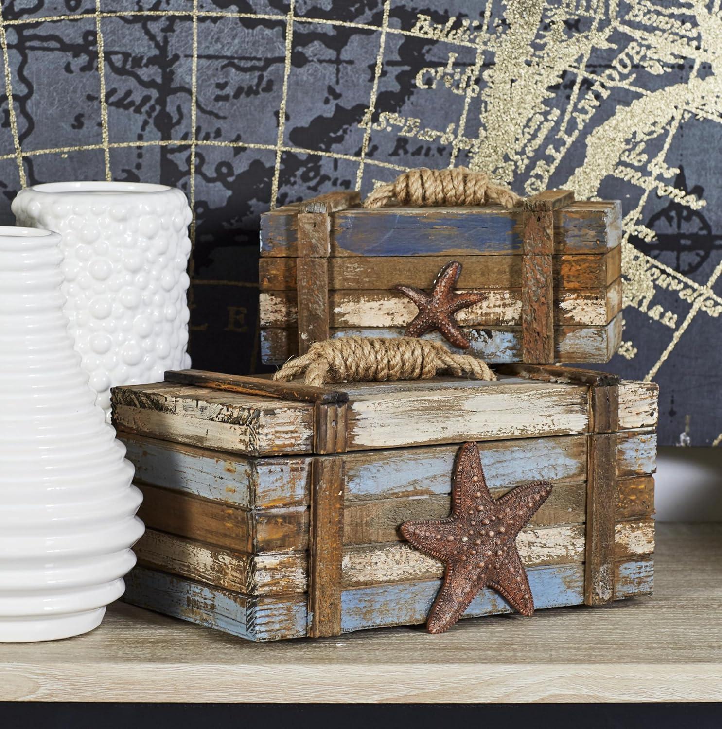 DecMode Starfish Handmade Distressed Wood Decorative Box with Knotted Rope Details, 2 Count