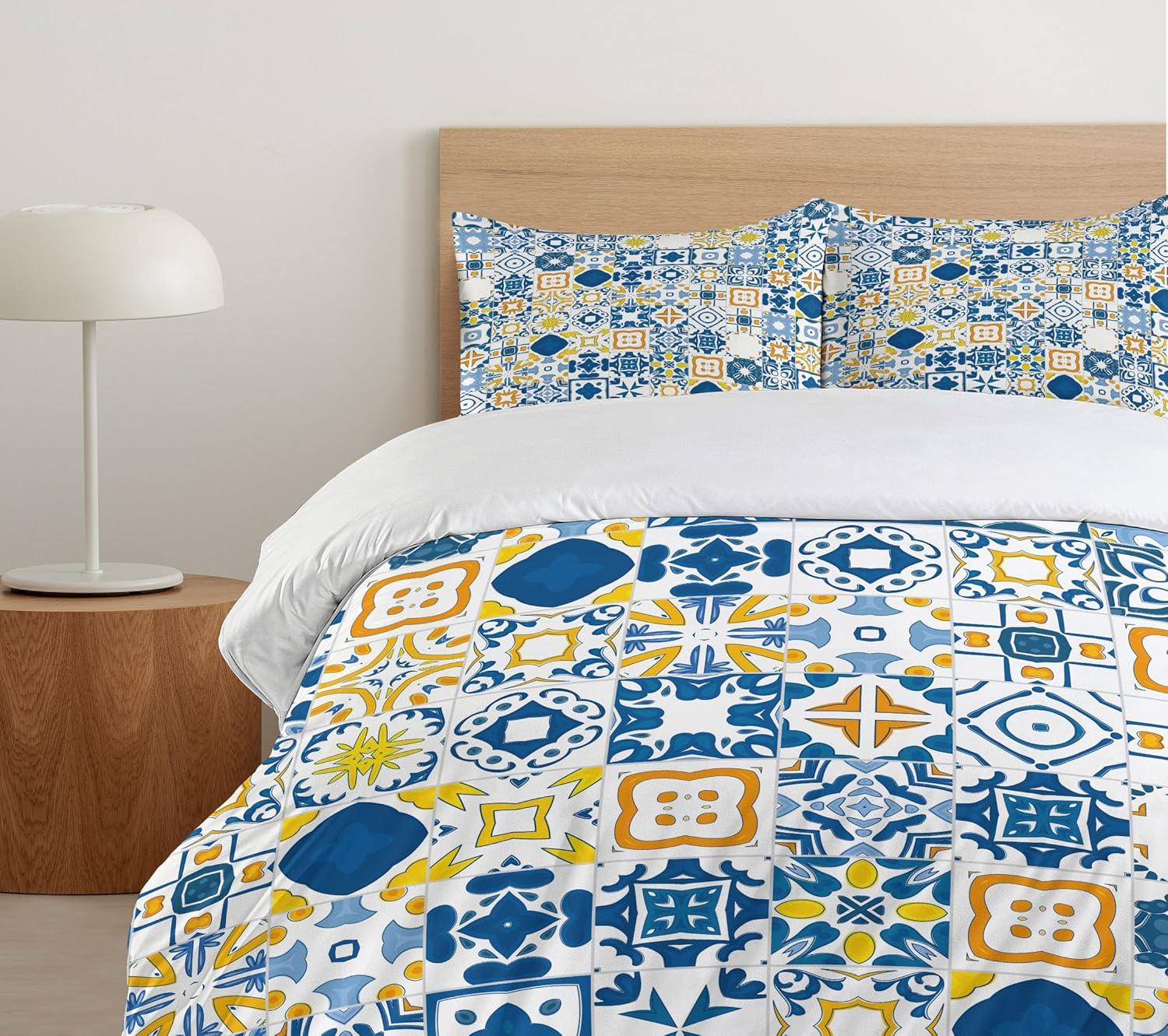 Ambesonne Mosaic Portuguese Azulejo with Mediterranean Arabesque Effect Print Duvet Cover Set