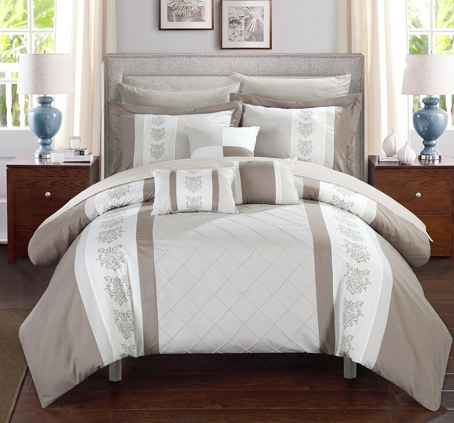 Chic Home 8/10 Piece Adam Pintuck Pieced Color Block Embroidery Bed In a Bag Comforter Set With sheet set