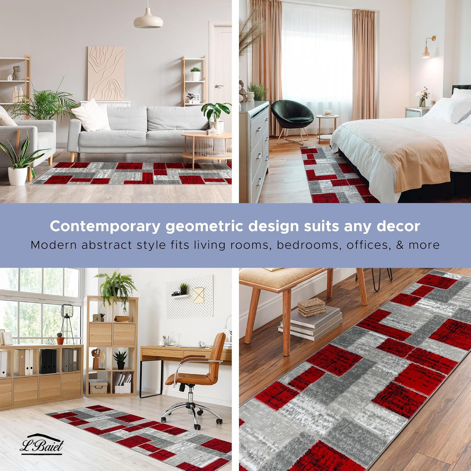 L'Baiet Verena Geometric Area Rug Red Grey 5' x 7' Medium Area Rugs Carpet for Living Room, Bedroom, Dining Table, Office, Hallway, Foyer | Neutral Colorful Modern Abstract Home Decor