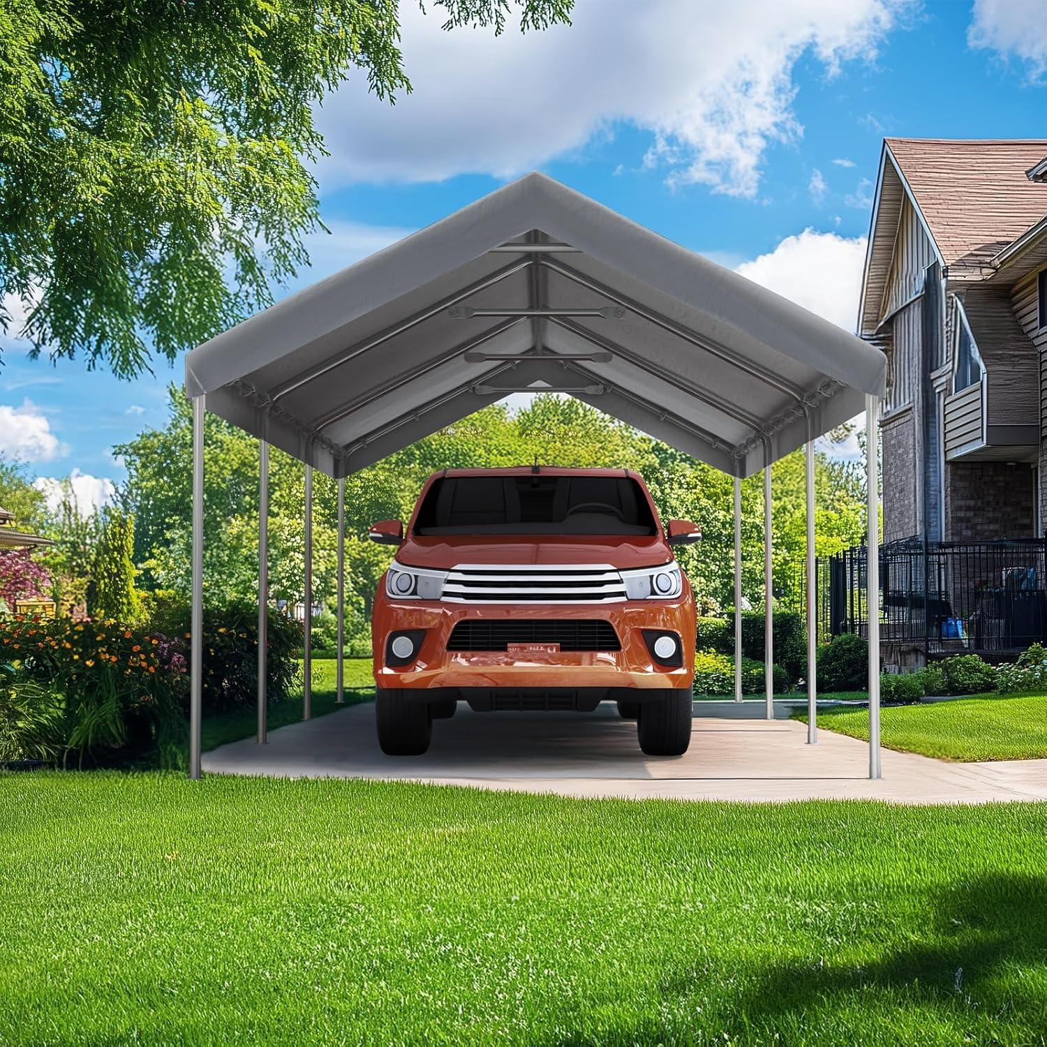 Quictent 10x20 ft Heavy Duty Carport Canopy Galvanized Car Tent Outdoor Garage Boat Shelter with Reinforced Structure, No Sidewall - Grey