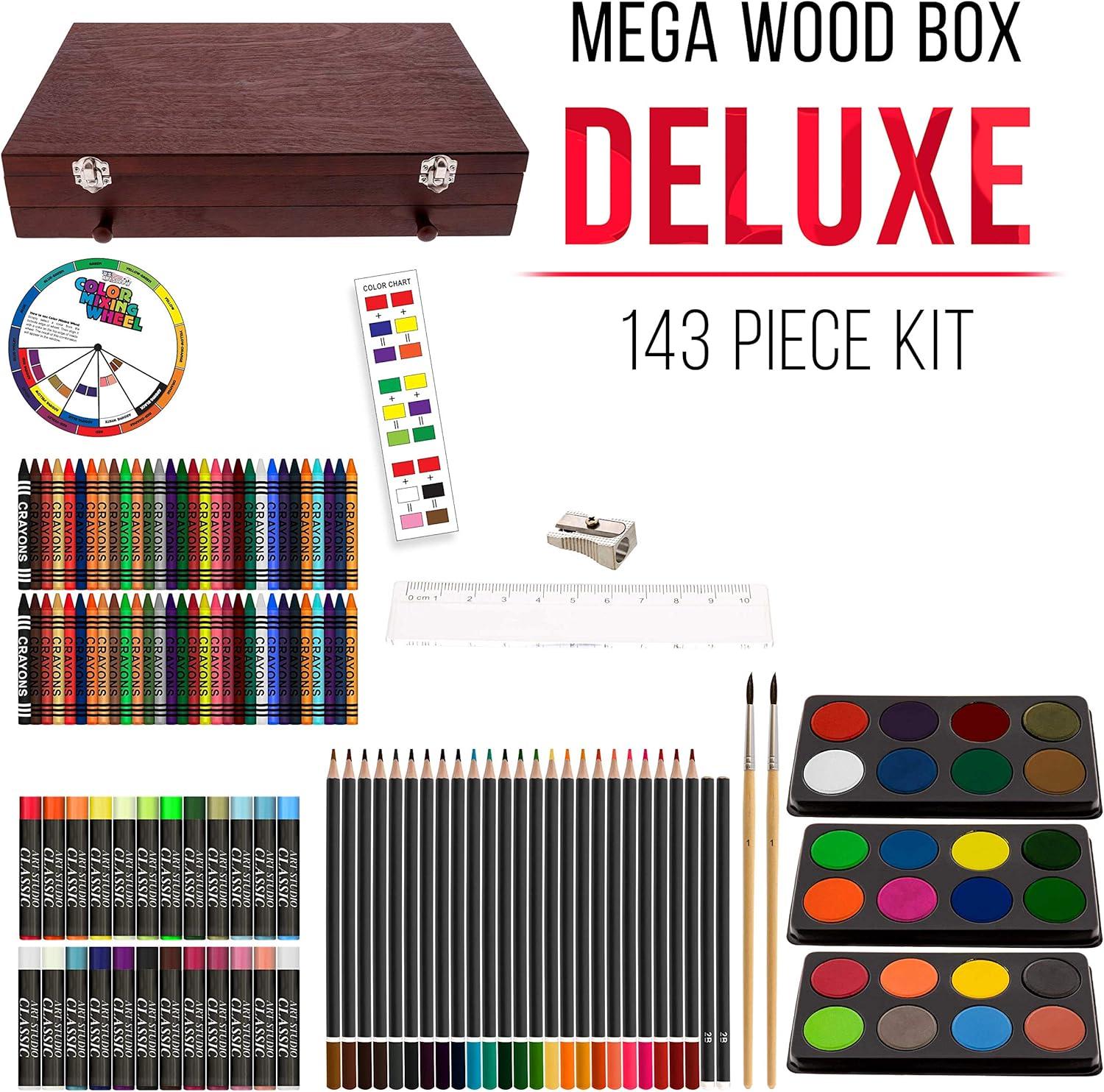 U.S. Art Supply 143-Piece Mega Wood Box Art Painting, Sketching and Drawing Set in Storage Case - 24 Watercolor Paint Colors, 24 Oil Pastels, 24 Colored Pencils, 60 Crayons, 2 Brushes, Artist Kit