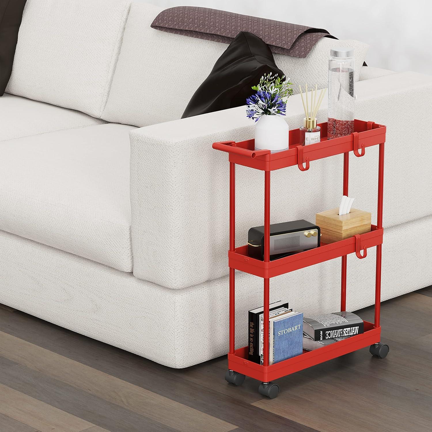 3-Tier Slim/Super Narrow Kitchen Cart with Handle, Hooks and Storage with Shelves,Red