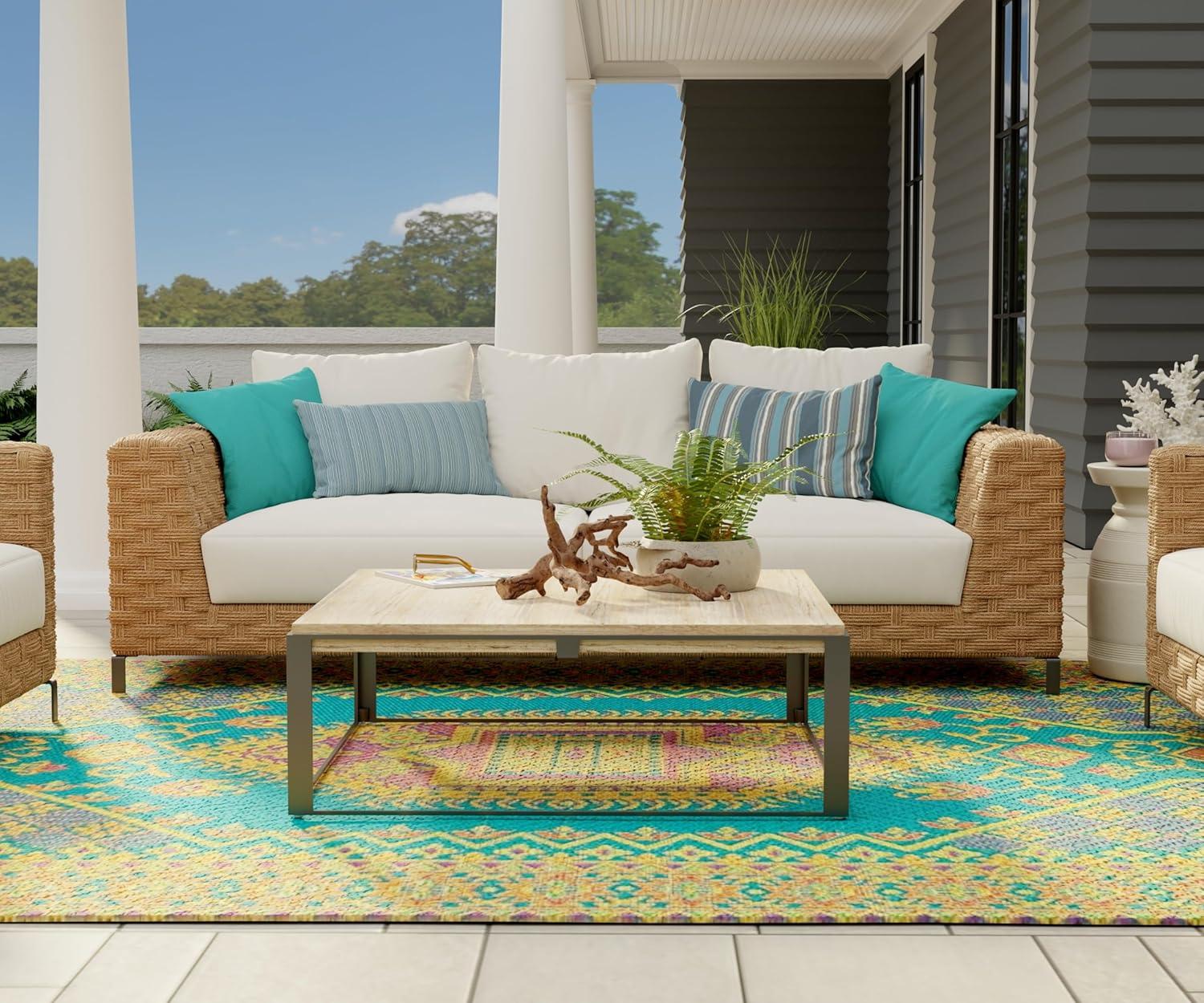 Oriental Turkish Aqua Indoor/Outdoor Area Rug - Reversible, UV Resistant