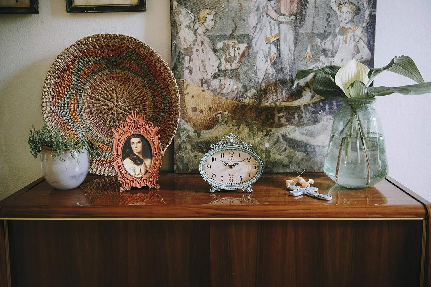 Woven Paths 6.5" x 2" x 6.25" Antique Style Pewter Mantel Clock in Distressed Aqua