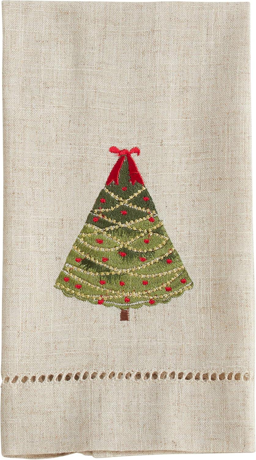 Natural Embroidered Hemstitched Christmas Tree Guest Towels Set