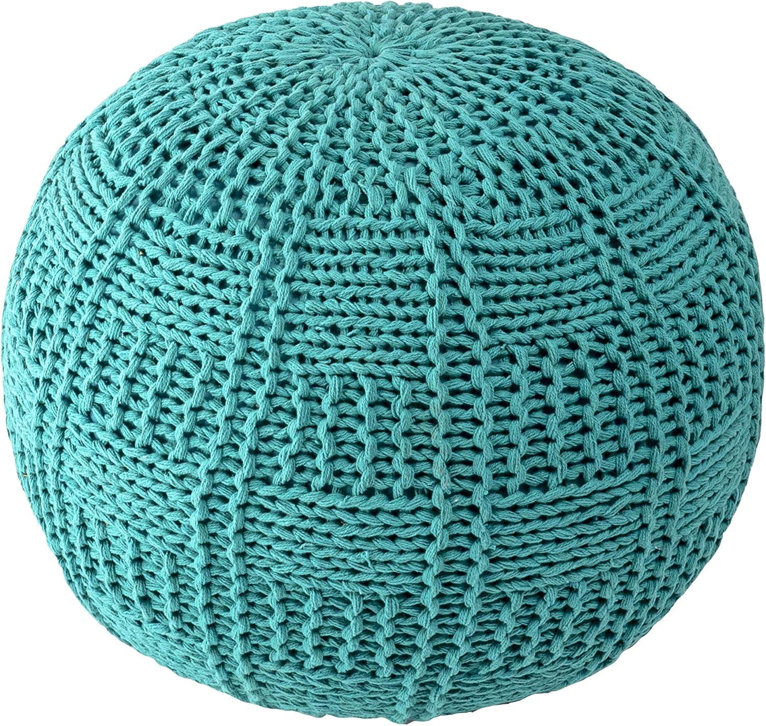 Teal Knitted Cotton Round Pouf Ottoman