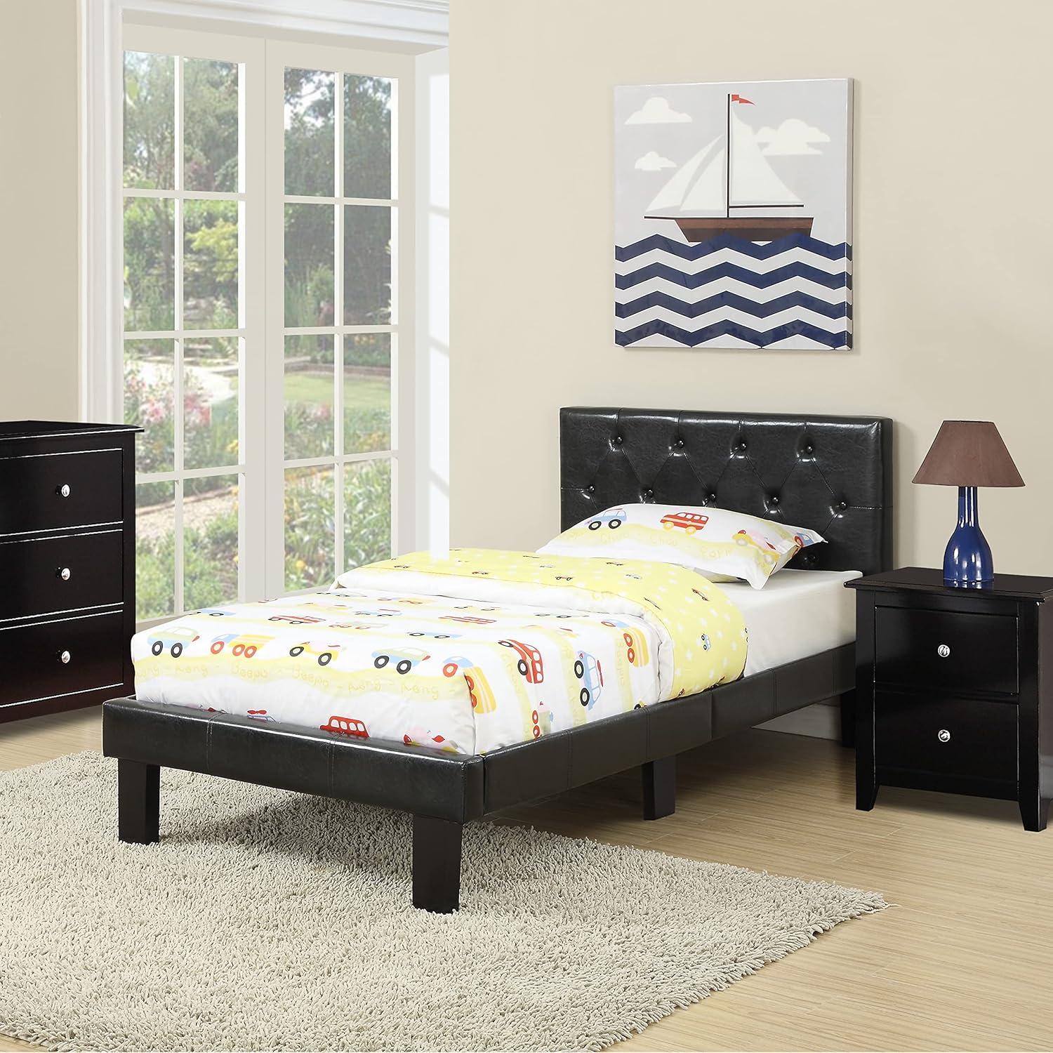 Poundex Youth Upholstered Platform Bed, Twin, Black