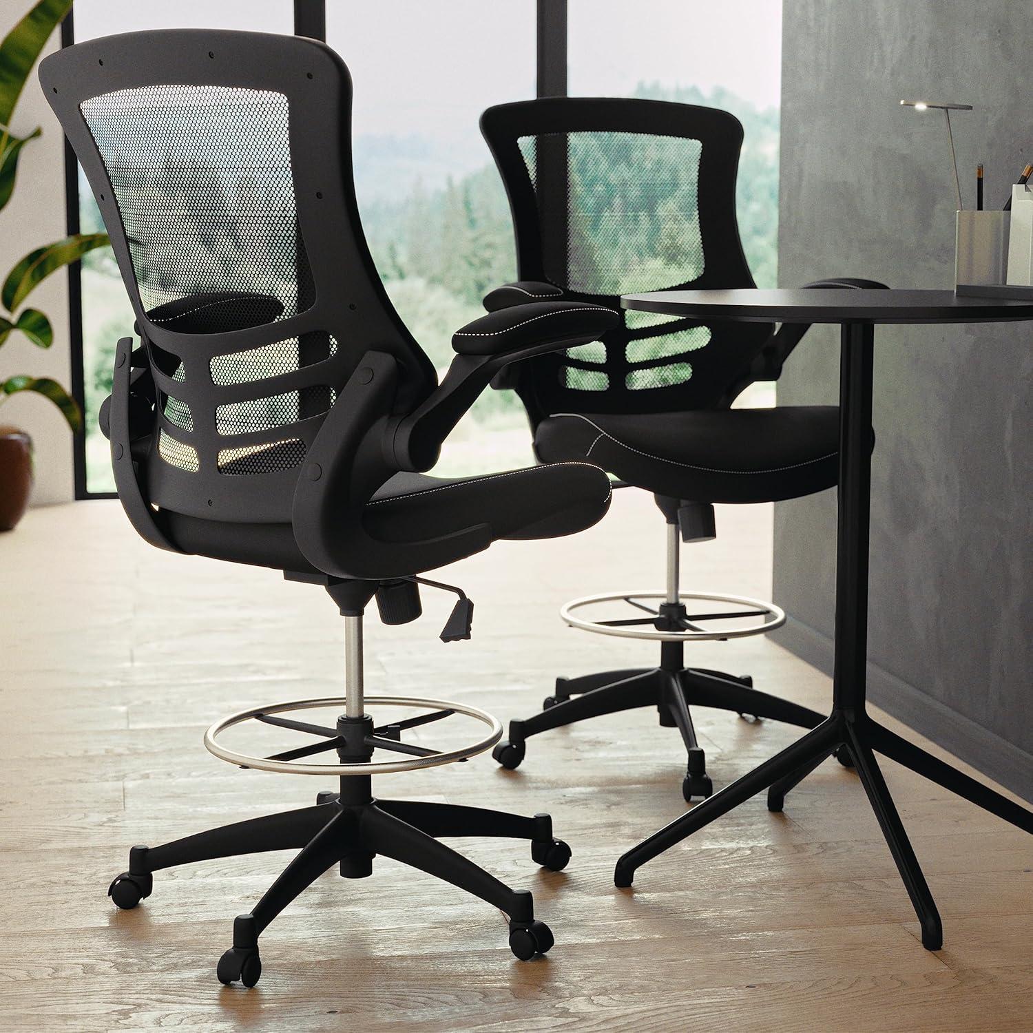 Flash Furniture Kelista Mid-Back Black Mesh Ergonomic Drafting Chair with LeatherSoft Seat, Adjustable Foot Ring and Flip-Up Arms