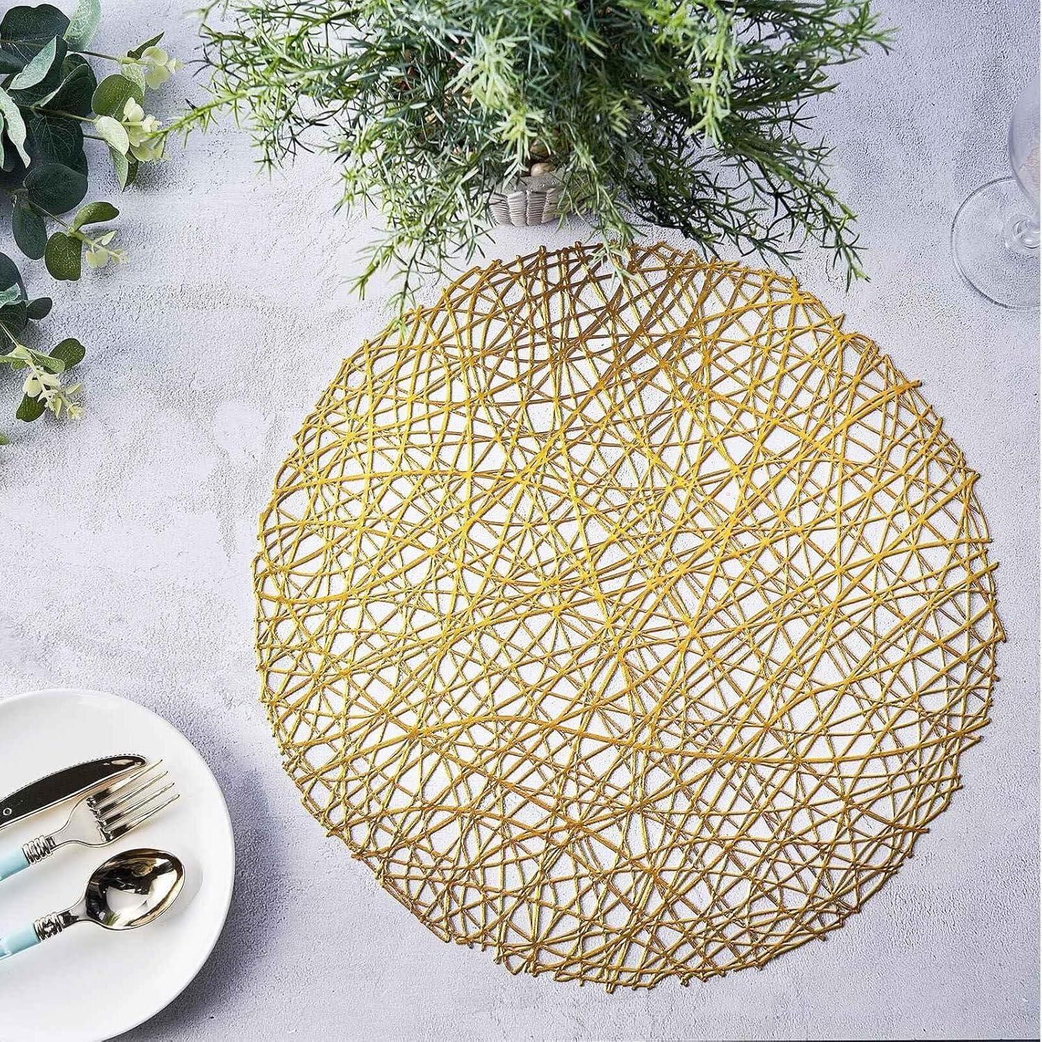 Efavormart 6 Pack 15" Gold Round Woven Vinyl Placemats Non Slip Dining Table Placemats For Wedding Events Birthday Party