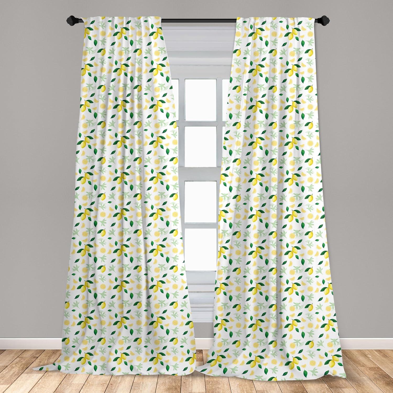 Ambesonne Lemon Curtains, Summer Juicy Slices Branch, Pair of 28"x95", Yellow Green and White