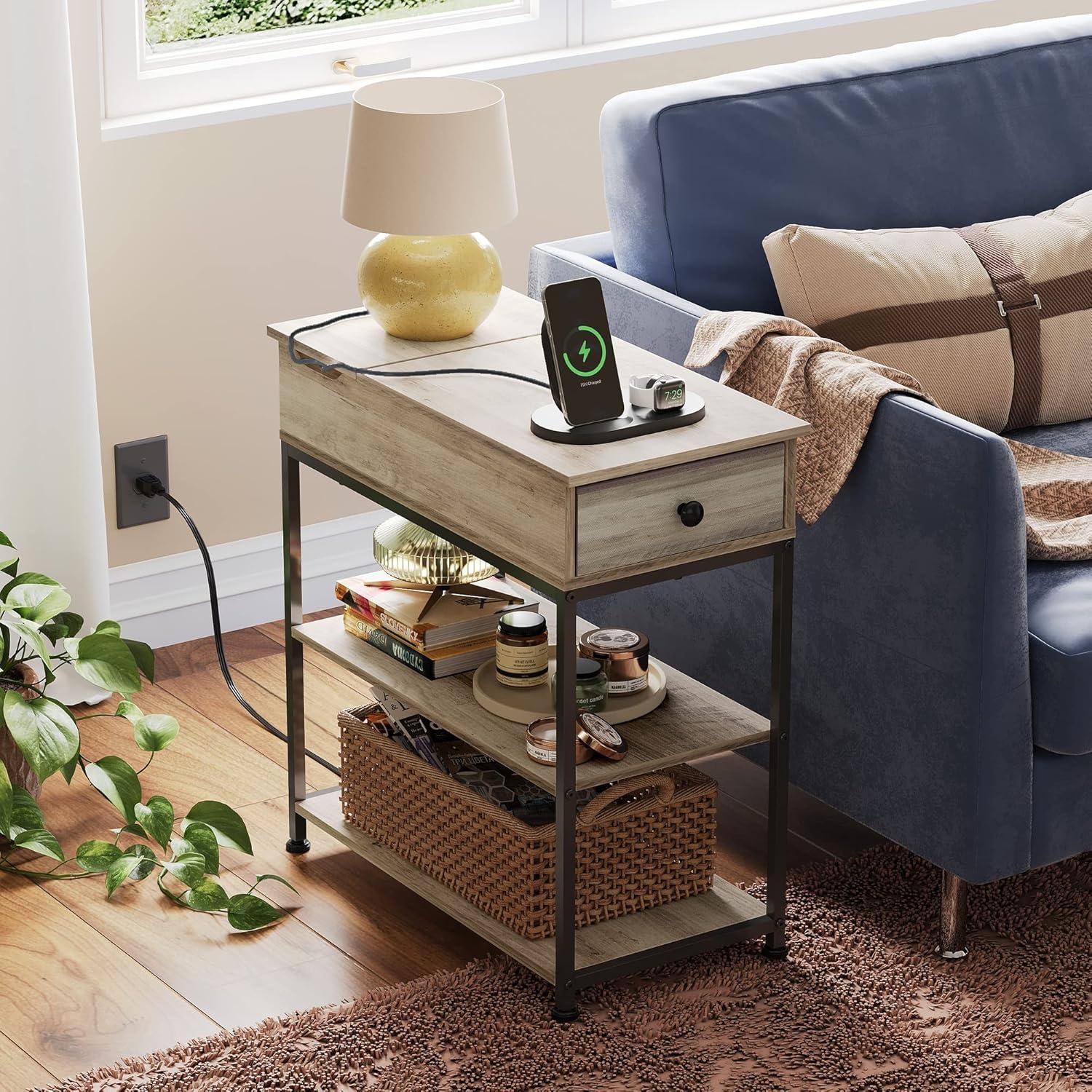 Greige Wood Narrow Side Table with USB Ports and Storage