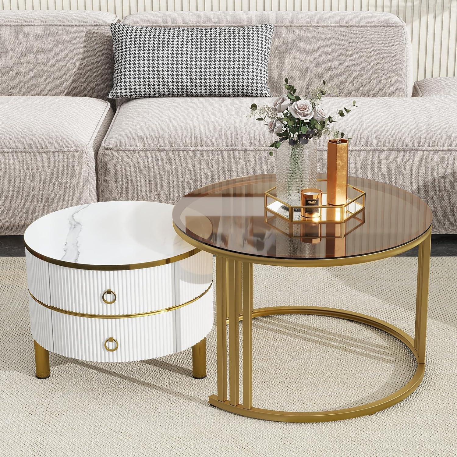 Modern Round Nesting Coffee Table Fluted with Drawer Multiple End Tables Utility Table Telephone Table for Living Room Office Bedroom Balcony, White & Gold
