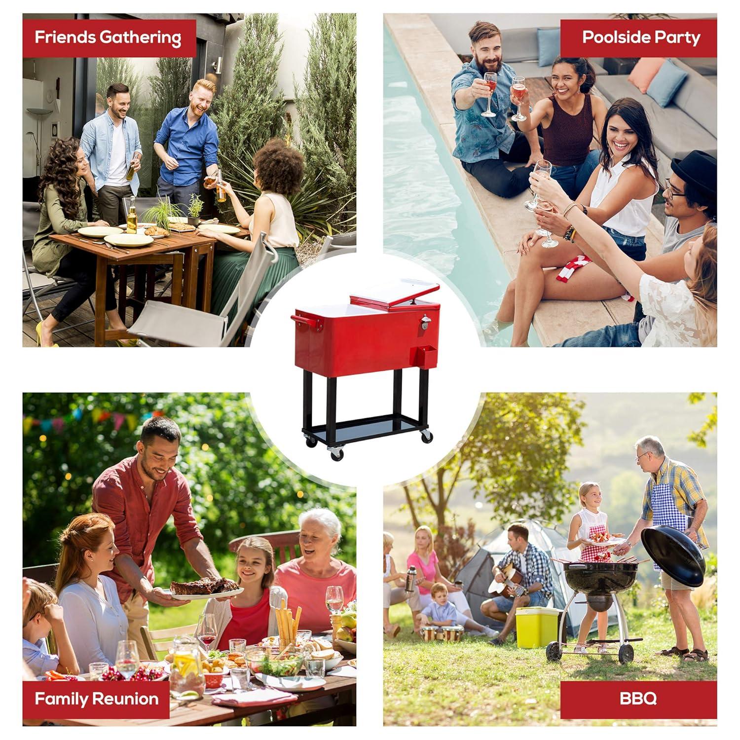 IRHOMA Outsunny 80 QT Rolling Cooling Bins Ice Chest on Wheels Outdoor Stand Up Drink Cooler Cart for Party