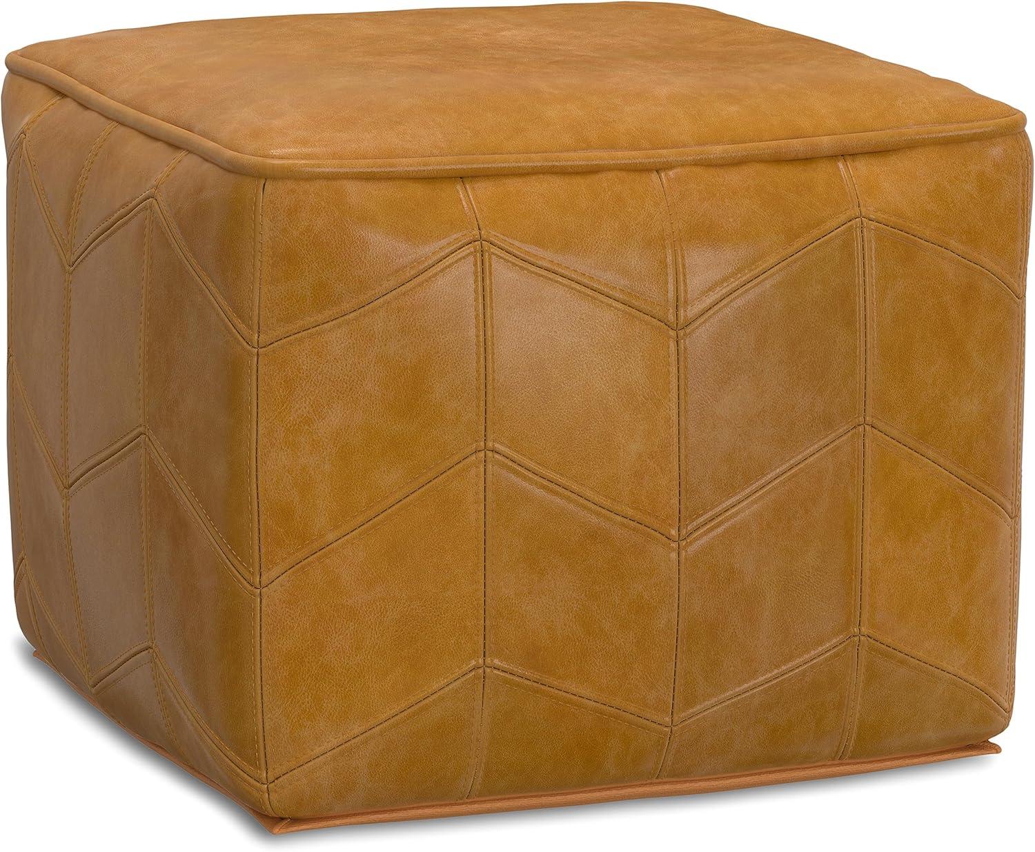 Brown Genuine Leather Chevron Pattern Square Pouf