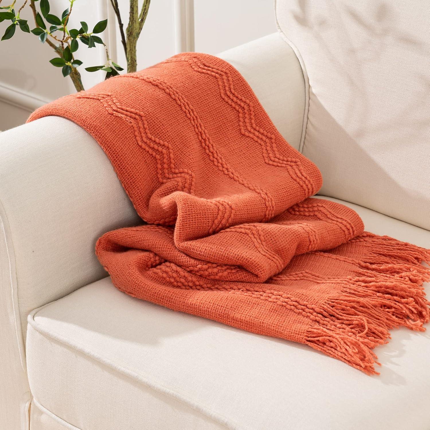 Battilo Orange Throw Blanket with Fringe Geometric Bed Salmon Knit Throws for Couch,Fall Blanket,50"x60"