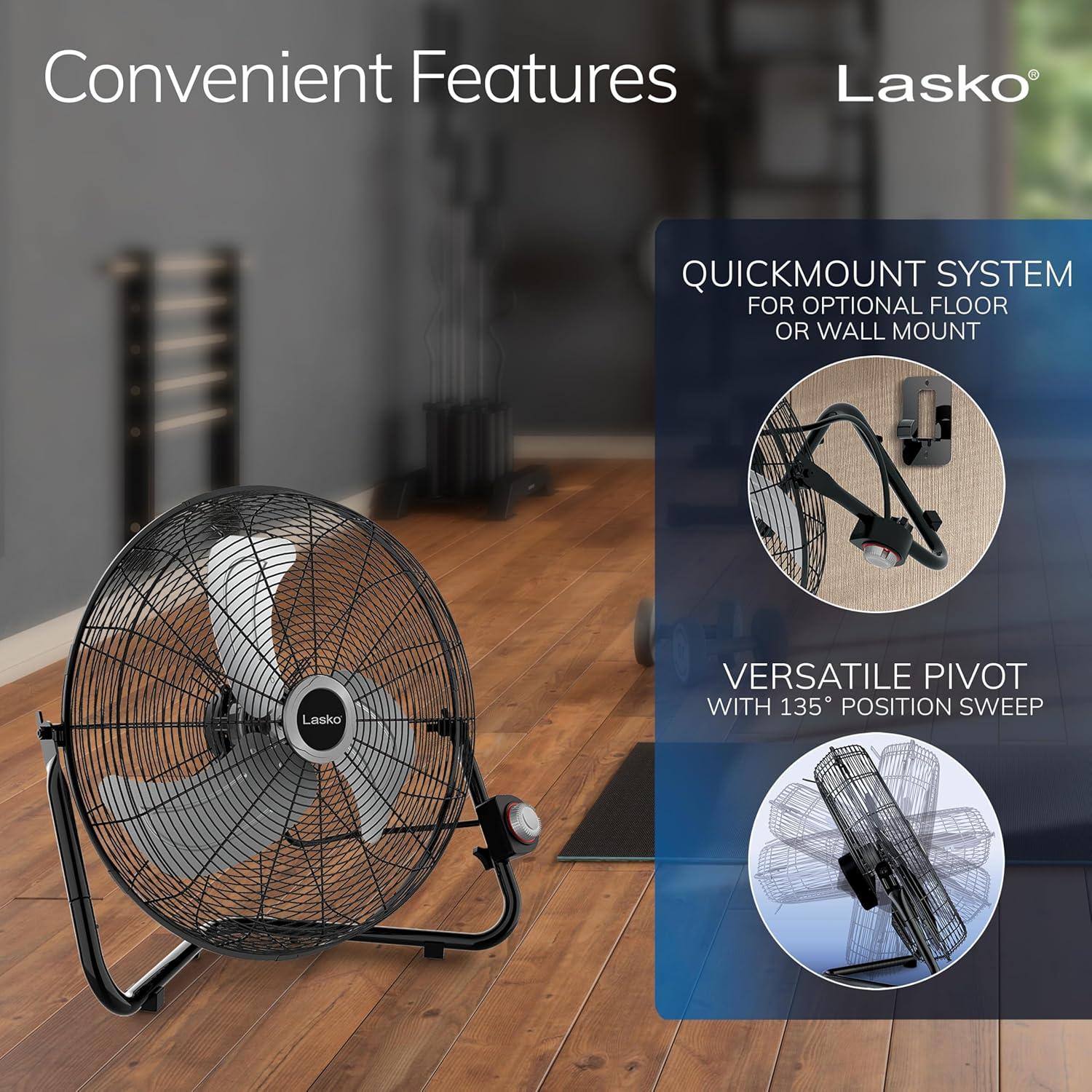 Lasko QuickMount 20" 3-Speed Max Performance High Velocity Wall Mounted Floor Fan, 2264QM