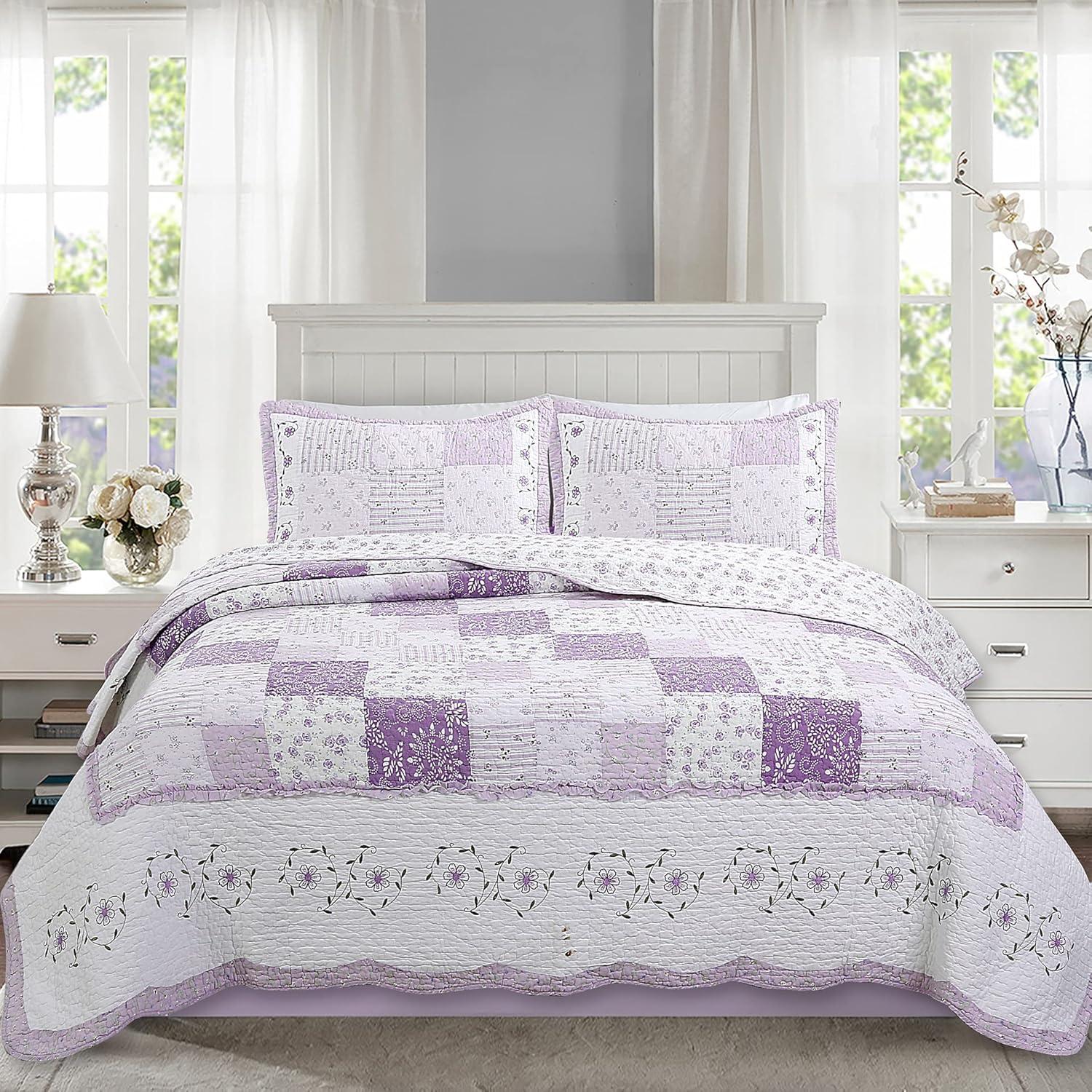 Cozy Line Amor por la Colcha de Algodón de Patchwork Lila, Doble, Reversible, 68 X 86 Pulgadas (2 Unidades)