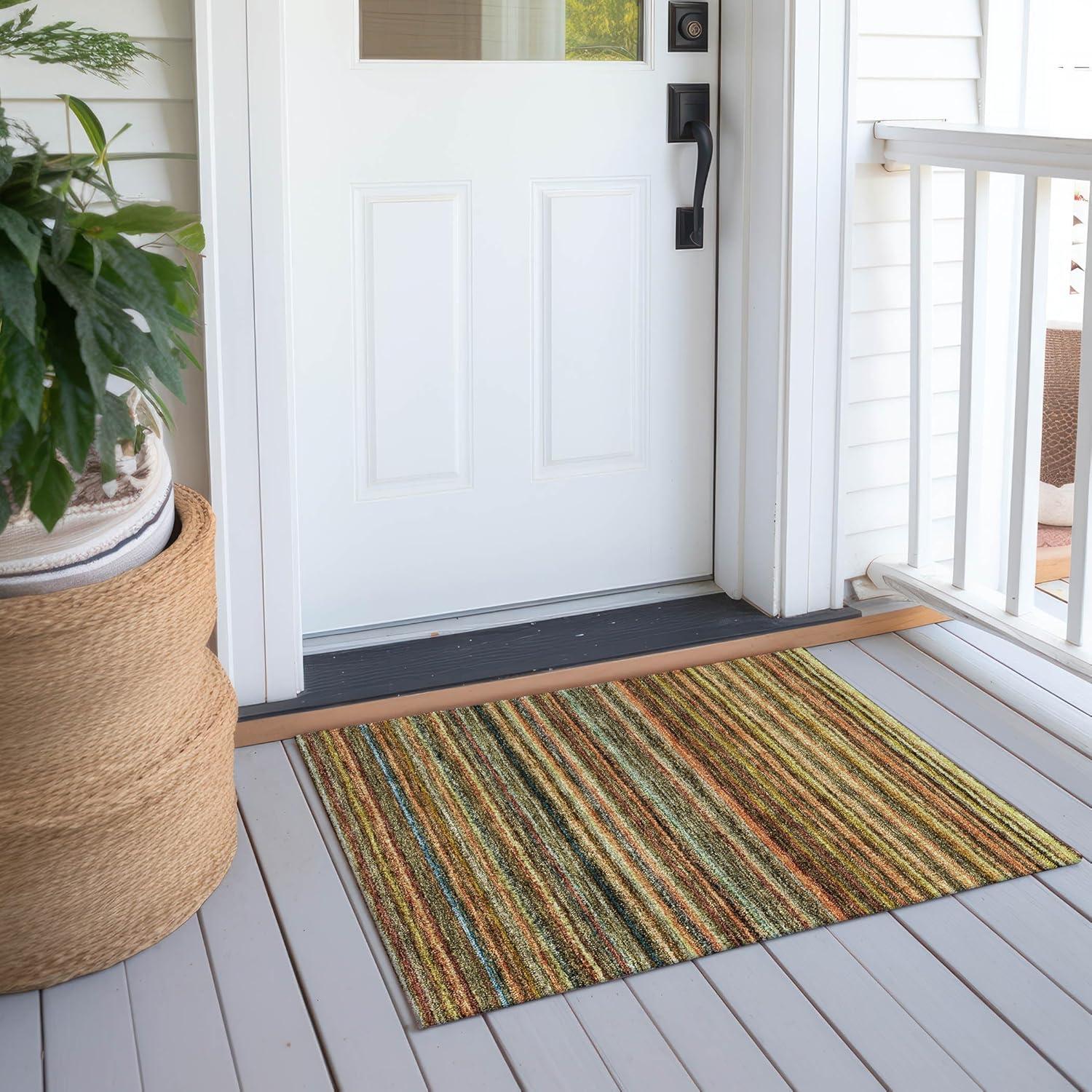 Coral Striped Synthetic Washable Rectangular Area Rug