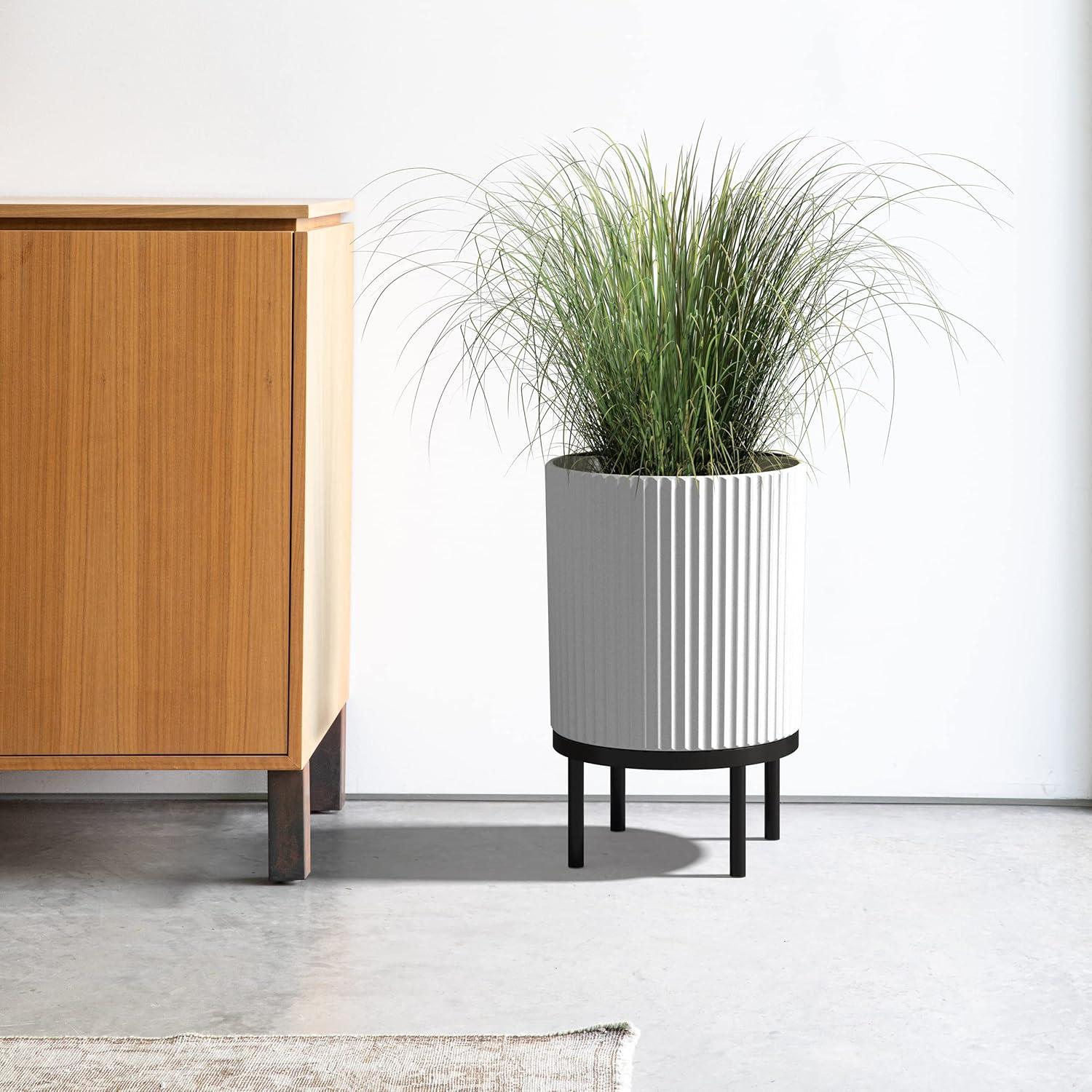 White and Black Concrete-Composite Planter with Acacia Stand, 16" - Set of 2