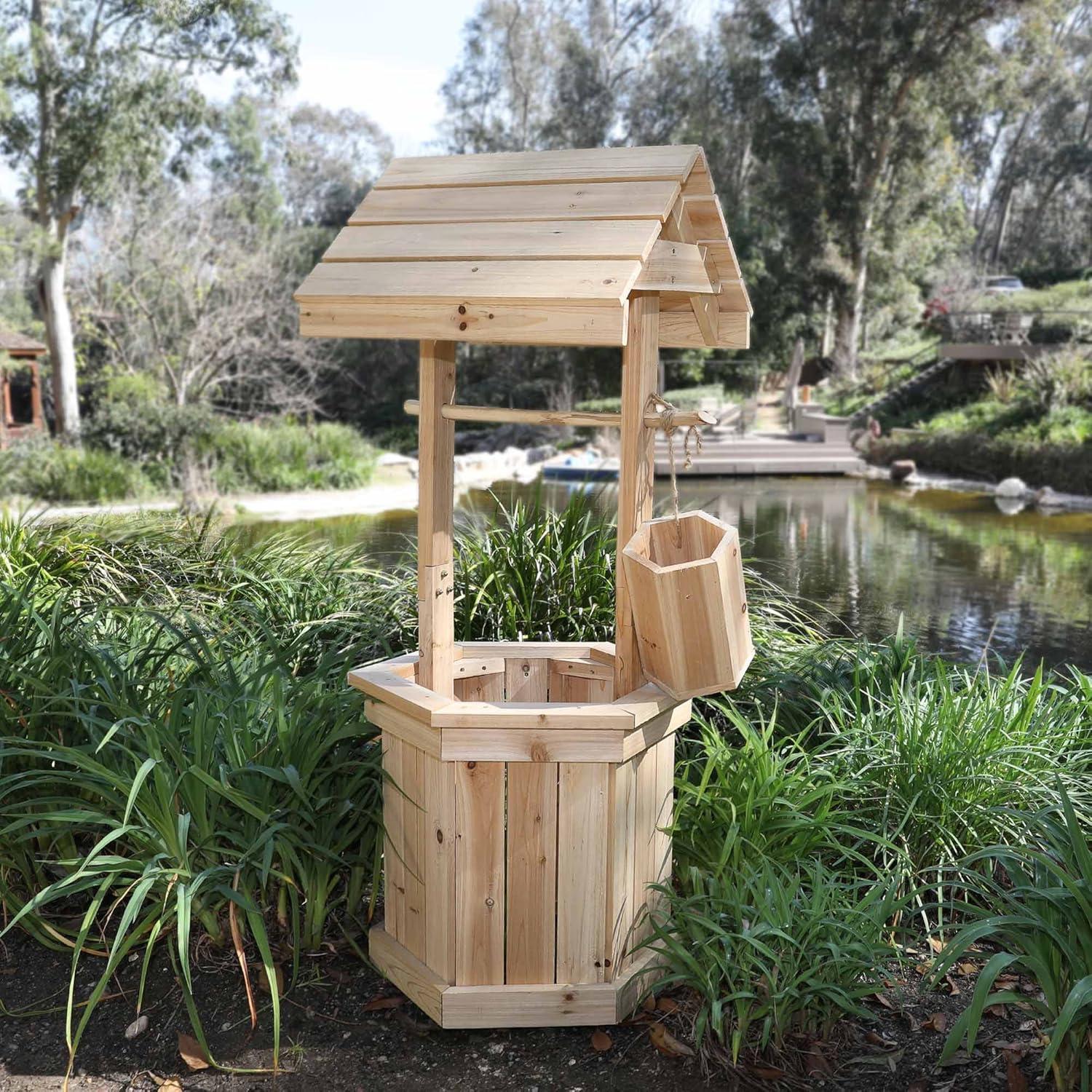 Natural Cedar Wood 55" Decorative Outdoor Wishing Well Planter