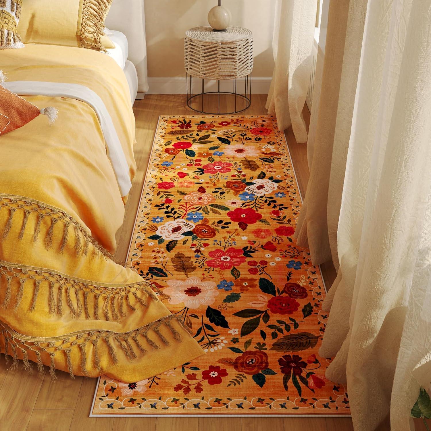 Yellow Orange Floral Washable Wool Runner Rug with Non-slip Backing