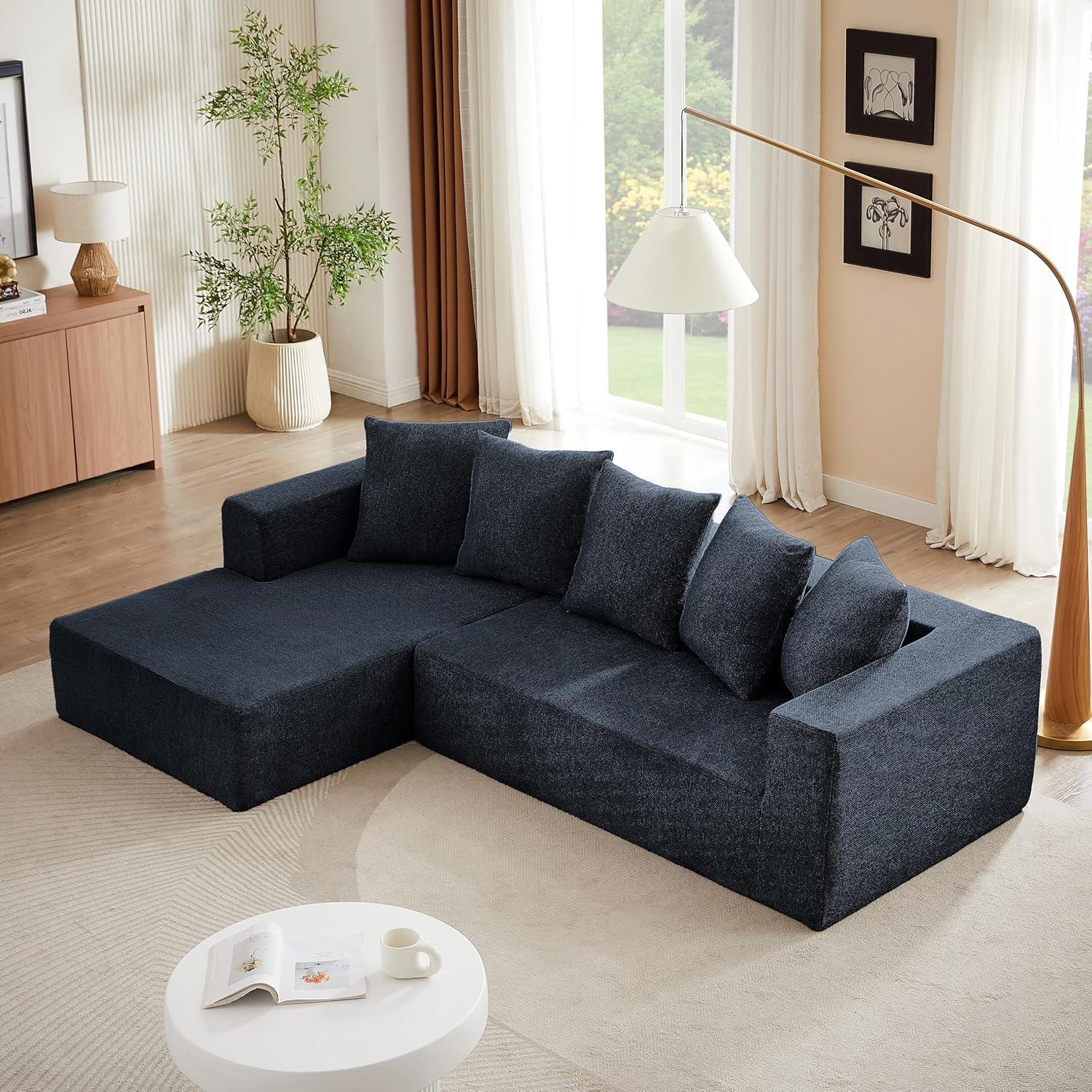 Minimalist Interior Sofa, Upholstered L Shape Cloud Couch, Chenille Modular Sofa Couch with Pillows for Living Room Apartment Studio/No Assembly Require-Left Facing Chaise(Blue)