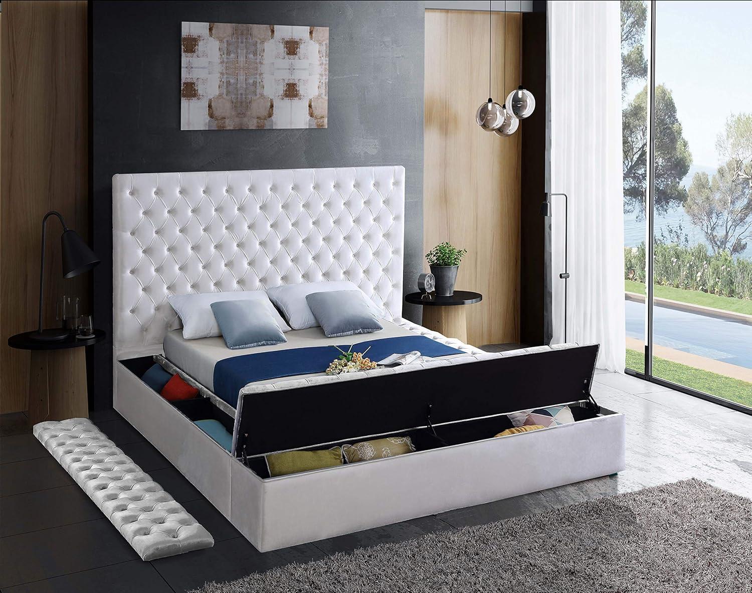 Bliss White Velvet Queen Upholstered Storage Bed with Tufted Headboard