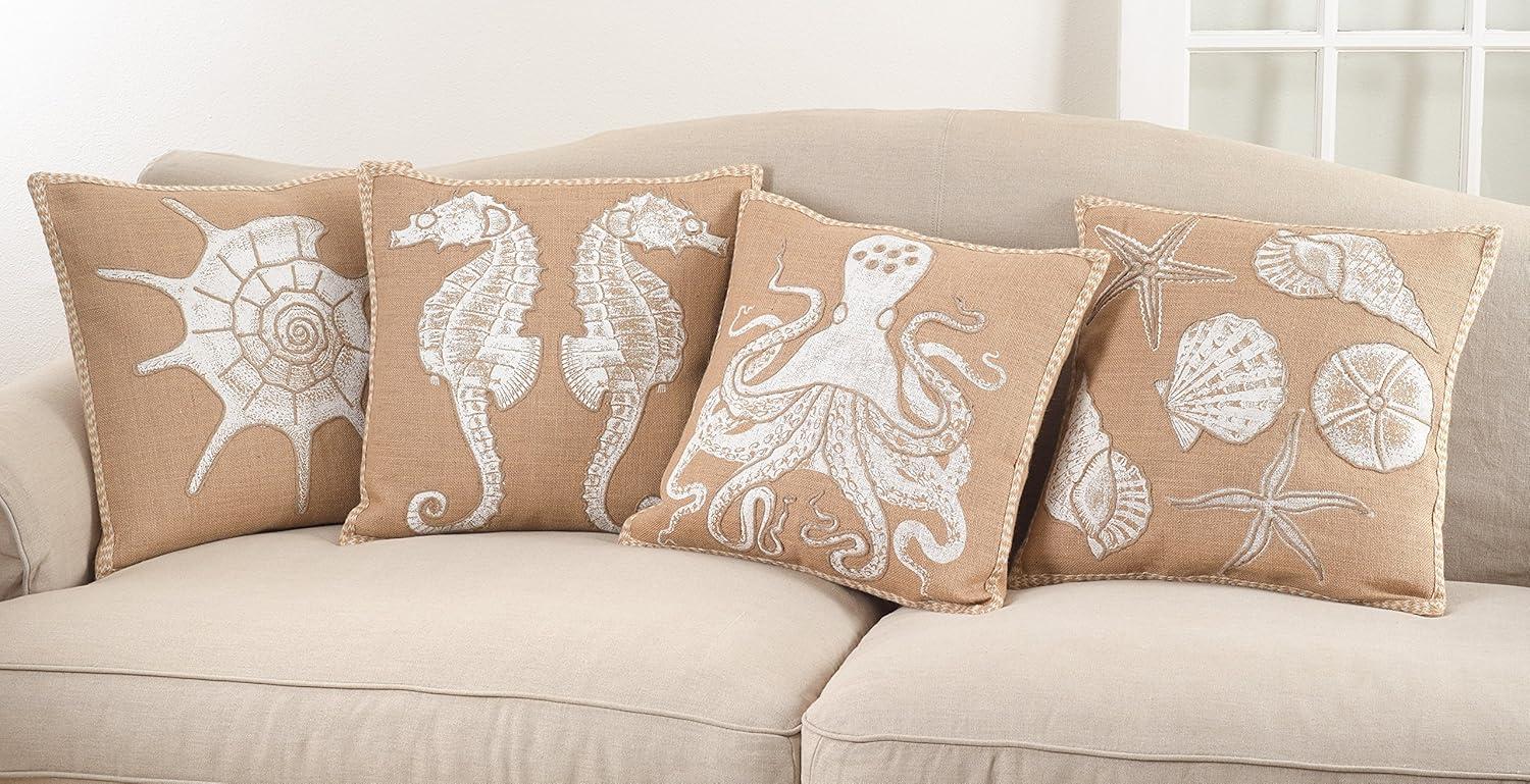 Beige Jute 20" Square Seahorse Throw Pillow