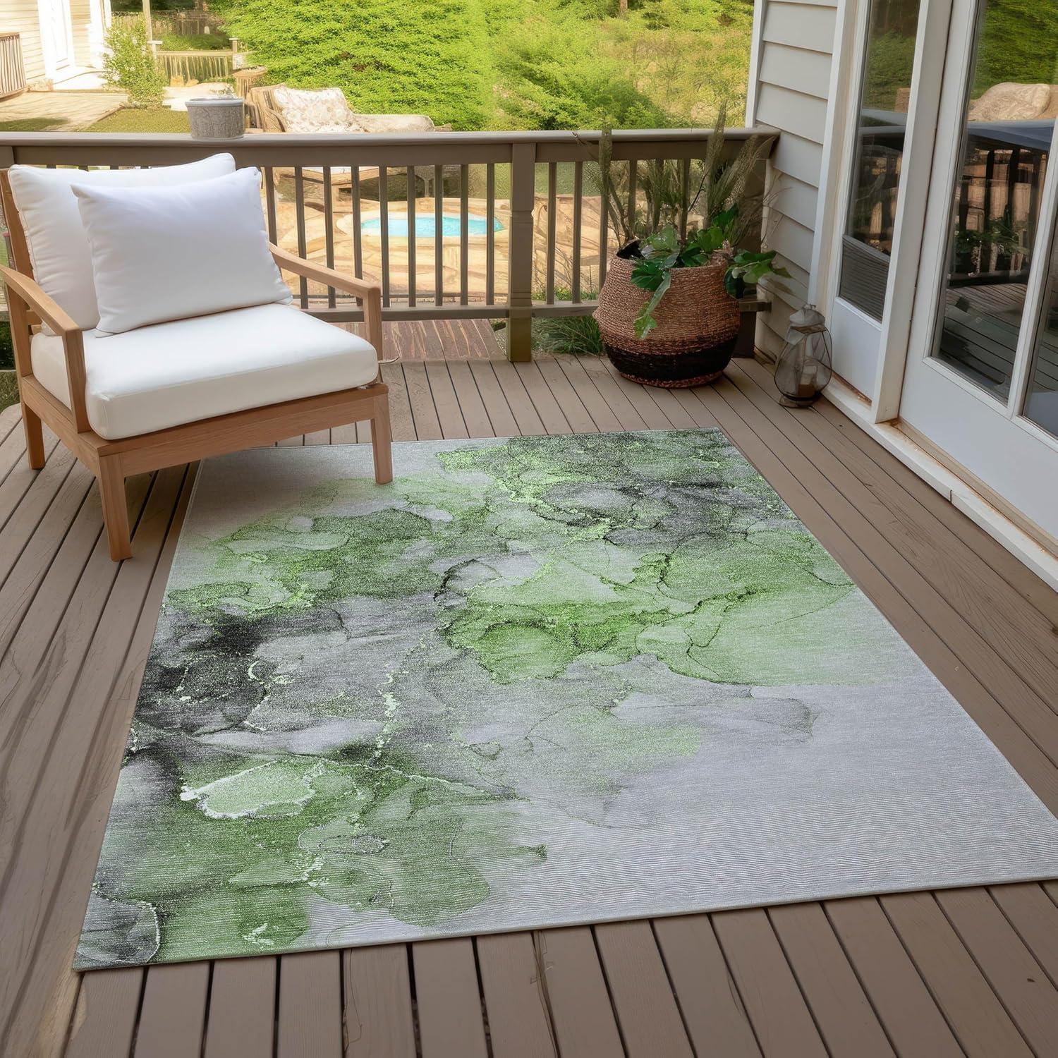 Green and Gray Watercolor Synthetic Washable Area Rug