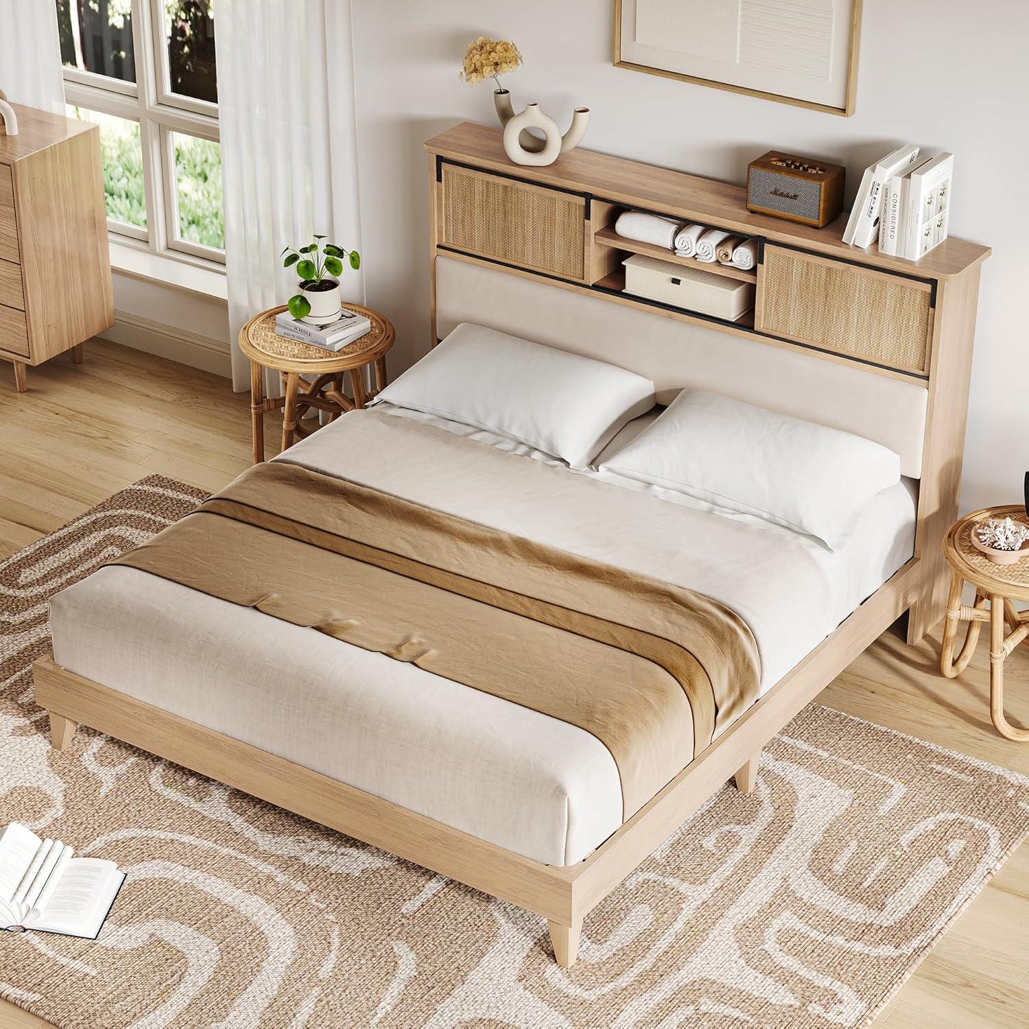 Garvee Rattan Full Size Bed Frame with Sliding Door Shelf Headboard, Bohemian Rattan Bed Frame with Shelves, Wood Foundation, No Box Spring Needed