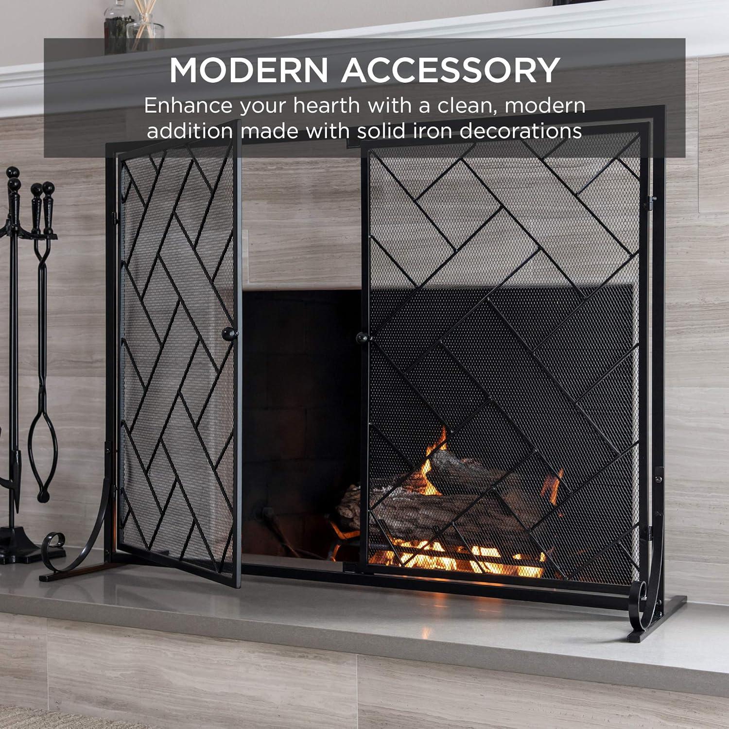 Best Choice Products 44x33in 2-Panel Handcrafted Wrought Iron Geometric Fireplace Screen w/ Magnetic Doors