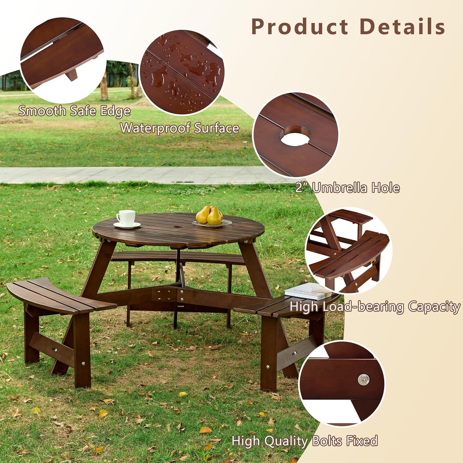 6 Person Wood Picnic Table, Outdoor Round Picnic Table with 3 Built-in Benches, Umbrella Hole, Outside Table and Bench Set for Patio, Backyard, 500lbs Capacity Per Bench (Brown)