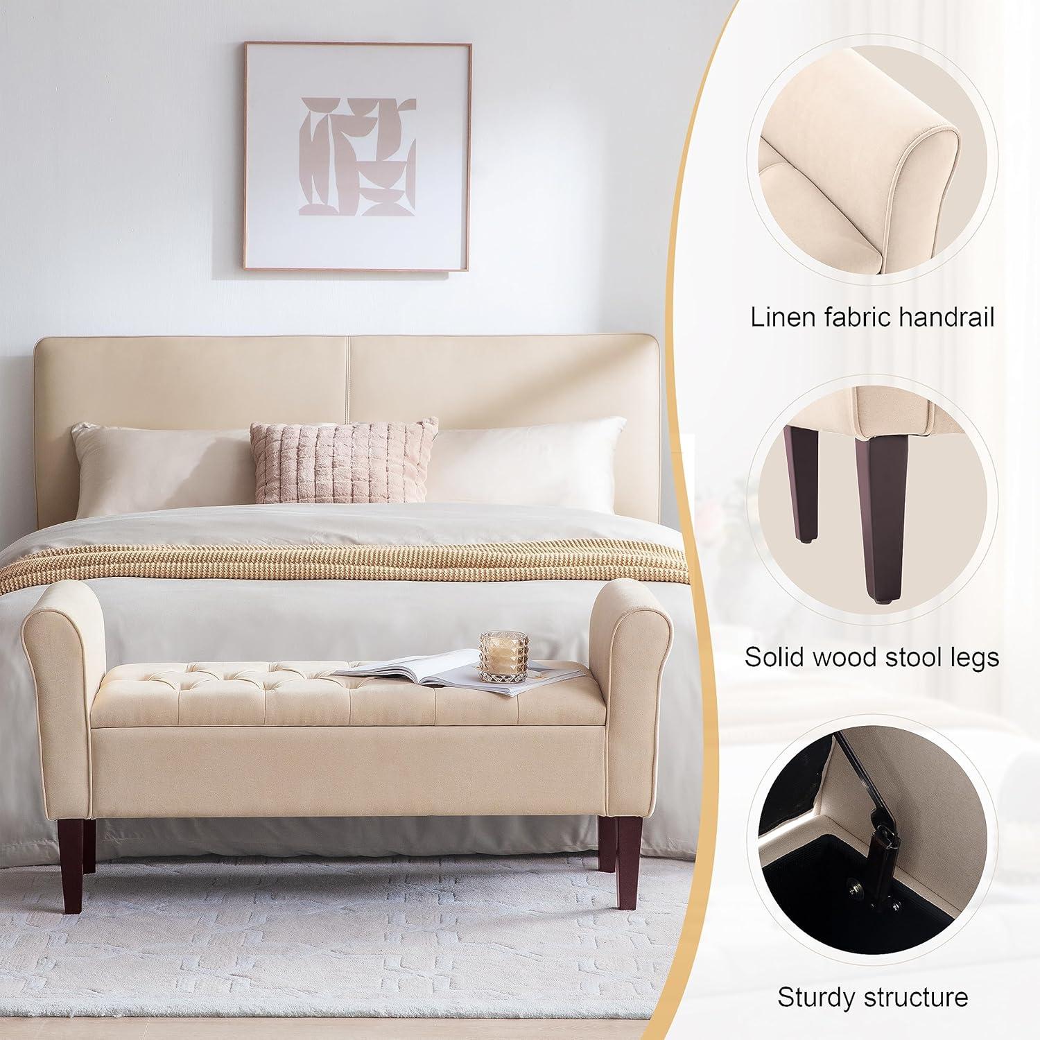 Tan Tufted Fabric Storage Ottoman Bench with Solid Wood Legs