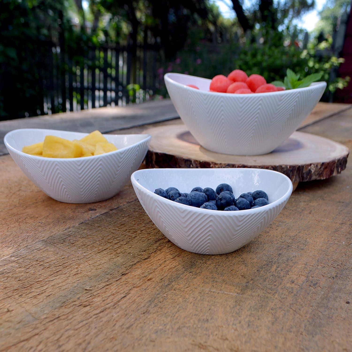 White Chevron Textured Porcelain Oval Serving Bowls Set