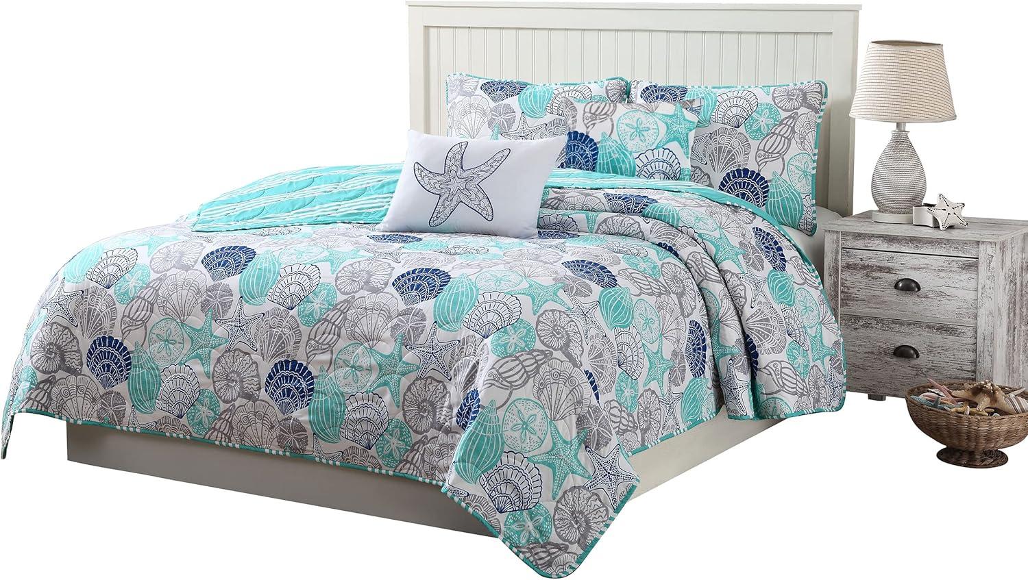 King Size Blue Microfiber Reversible Coastal Quilt Set