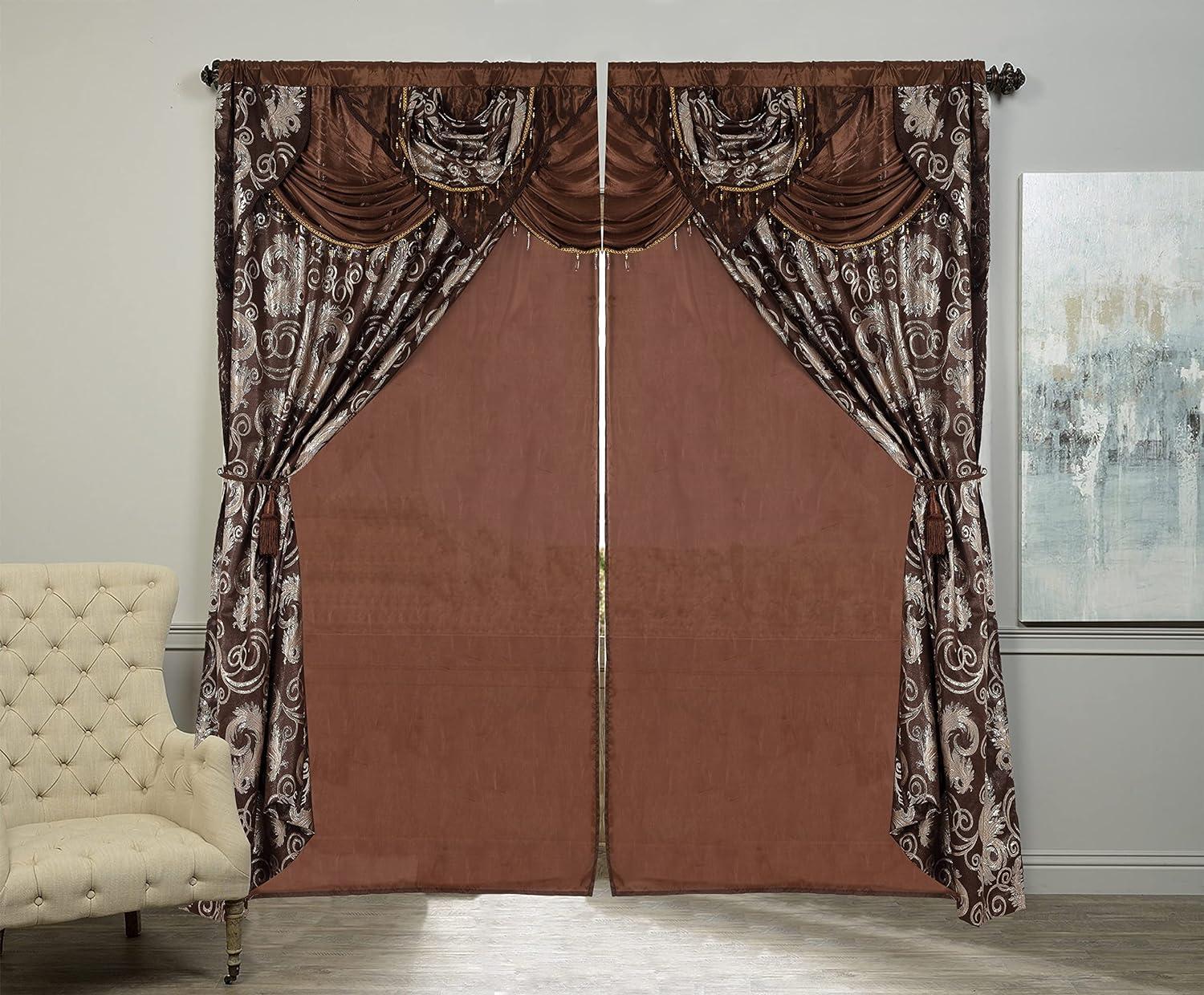 GLORY RUGS Jacquard Luxury Window 2 Panel Set Brown Curtain with Attached Valance and Backing Bedroom Living Room Dining 2 Curtains 55x84 inches Each Jana