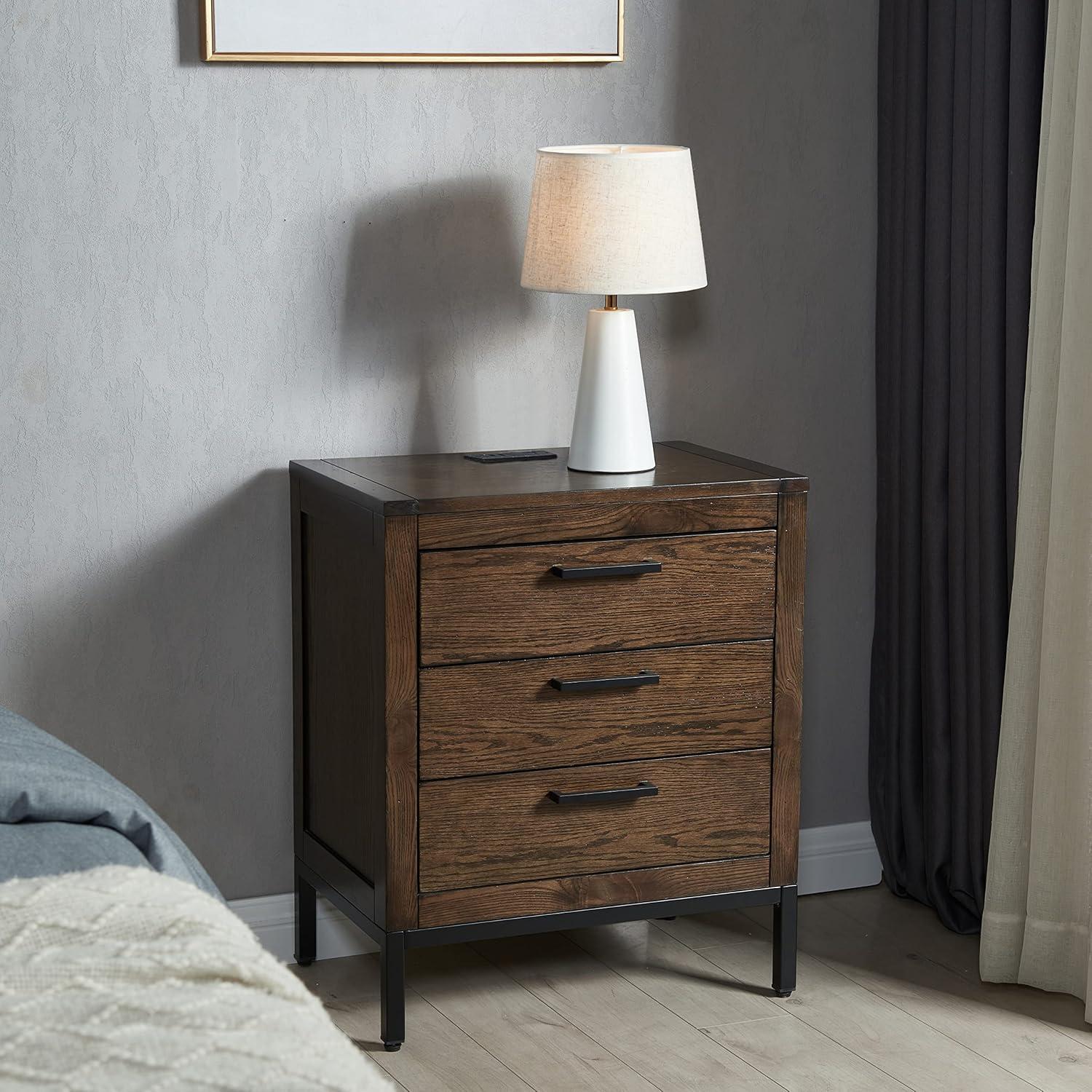 Tableau Nightstand Side Table With Top Drawer and Hidden Lower Cabinet Rustic Modern – USB-C Fast Charging Station, A/C and USB Charging Port Integrated – Durable Solid Wood, Distressed Riverstone
