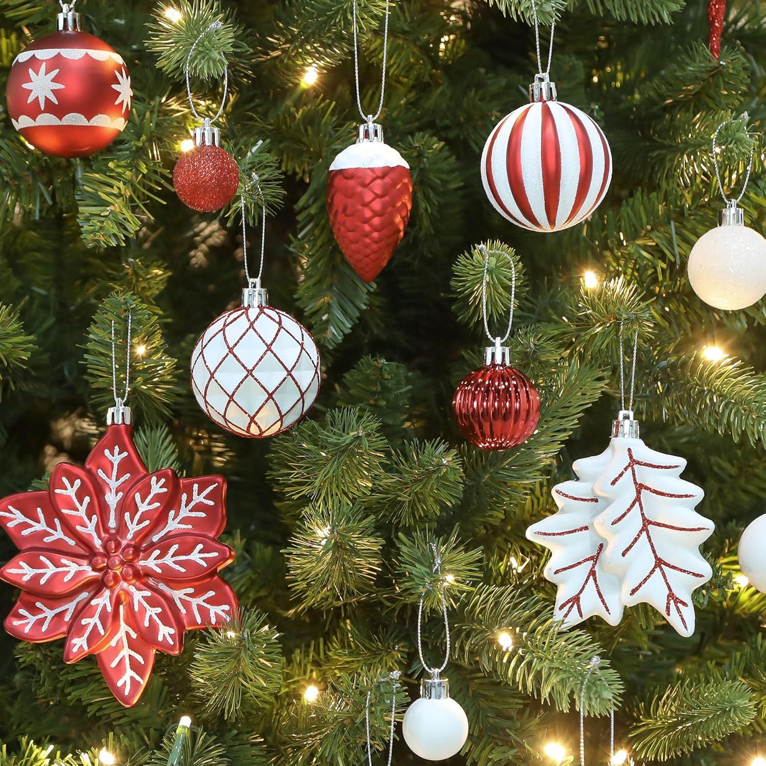 106CT Christmas Ball Ornaments, Shatterproof Plastic Baubles for Holiday Xmas Decor with Hooks, Red & White