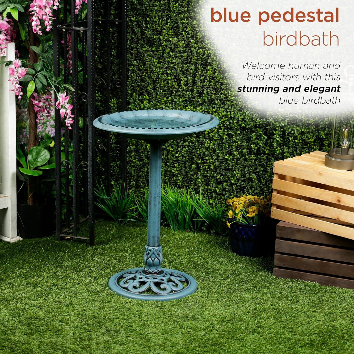 Blue Pedestal Birdbath with Scrollwork Base and Stakes