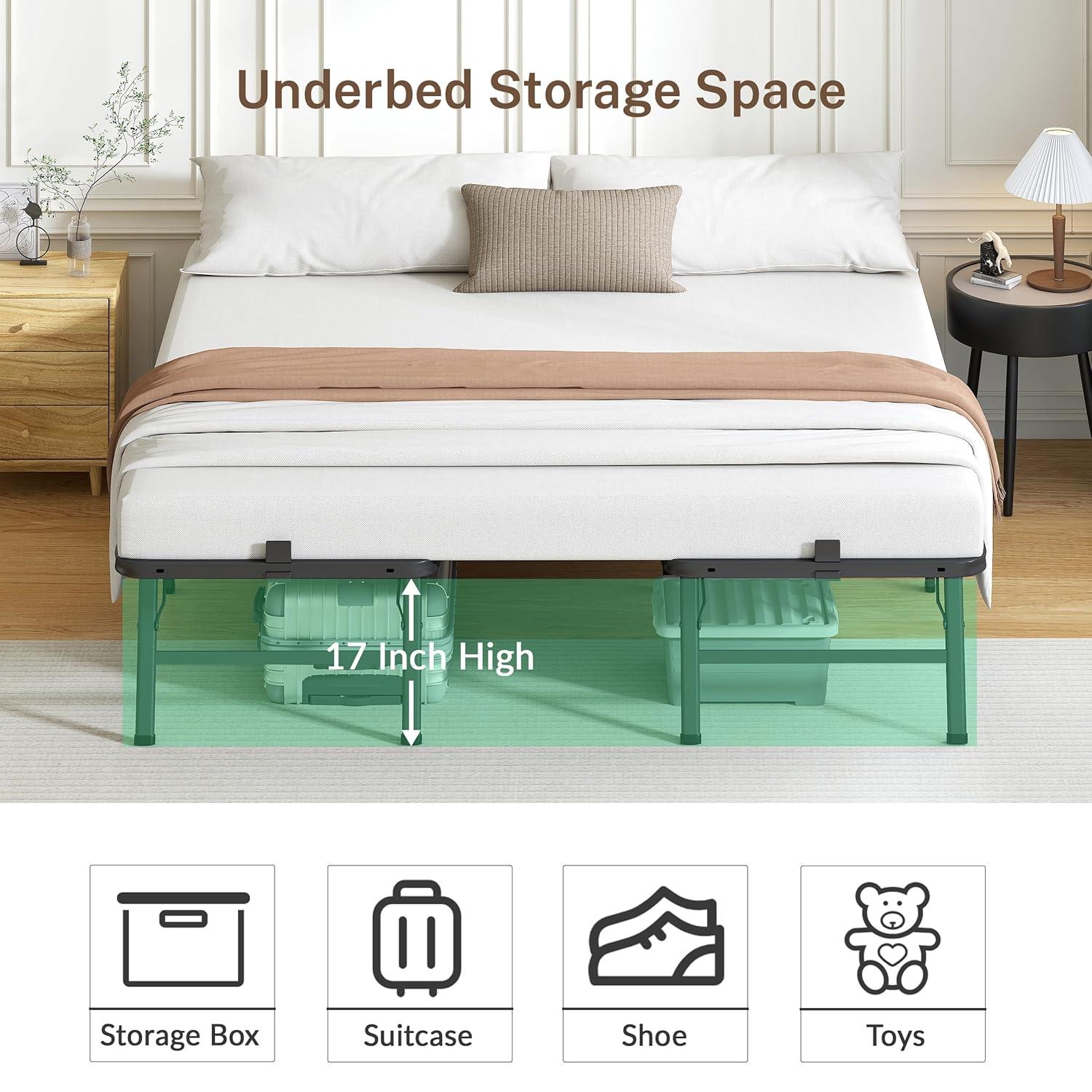 Amazon Basics Bed Frame with Storage, Foldable Metal Platform, Sturdy Steel, No Box Spring Needed, 18 Inches High, Tool-Free Setup, King Size, Black