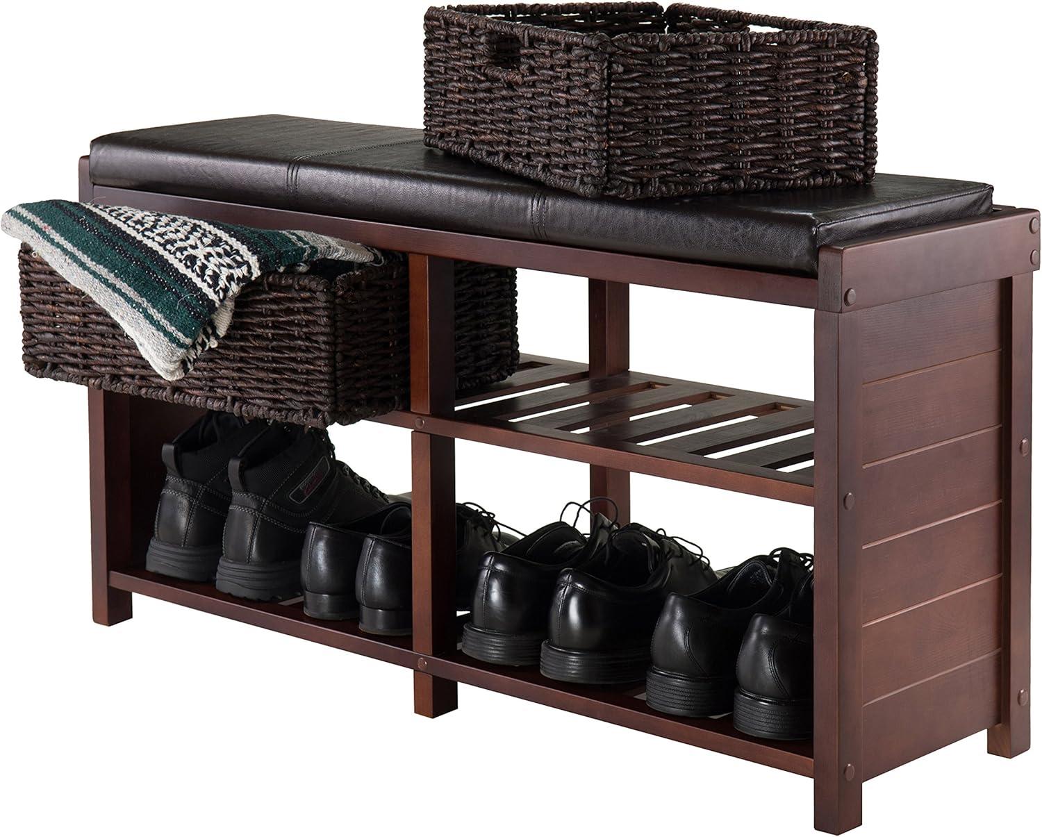 Transitional Colin Cushioned Bench with Corn Husk Storage Baskets - Brown