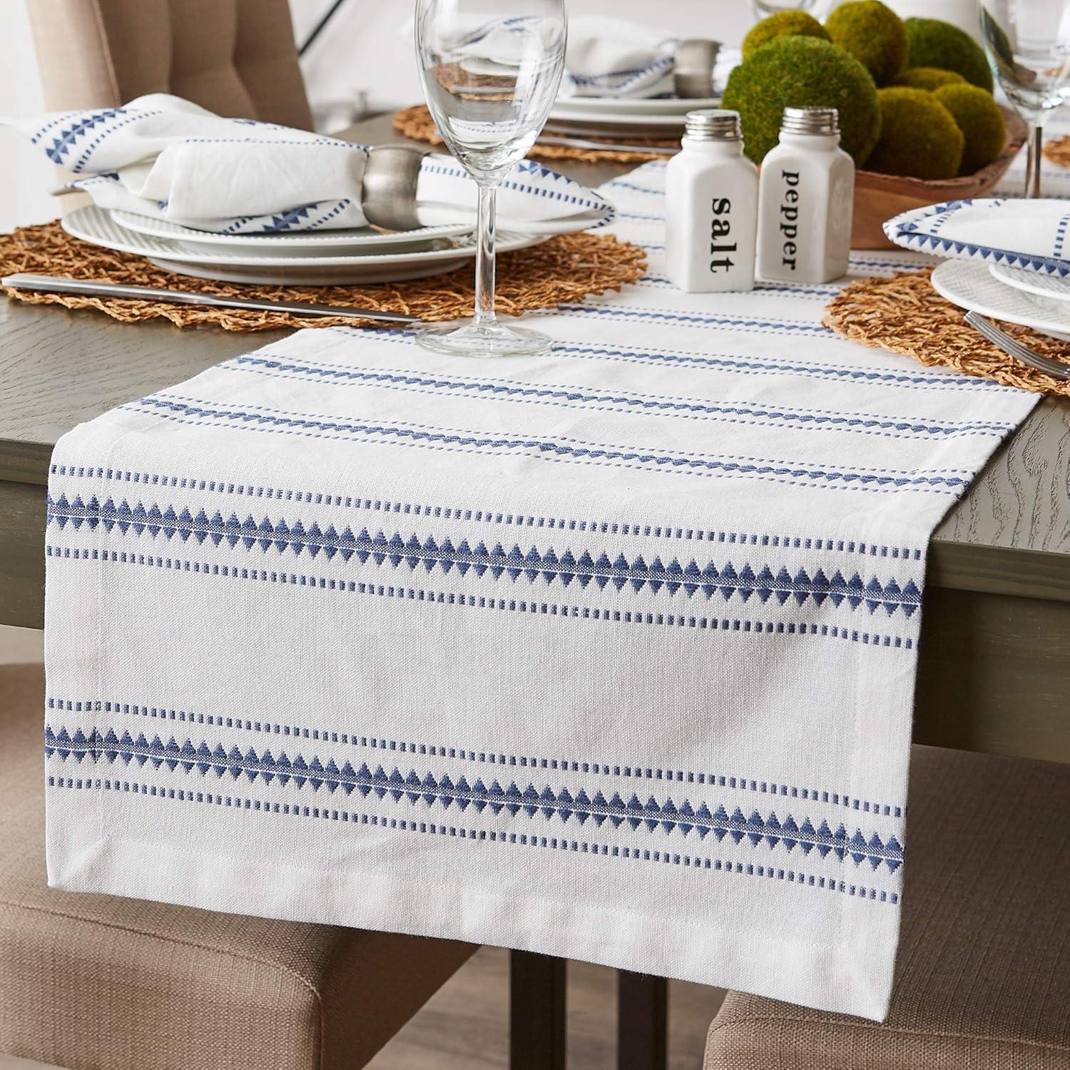 White and French Blue Cotton Striped Table Runner, 14x108