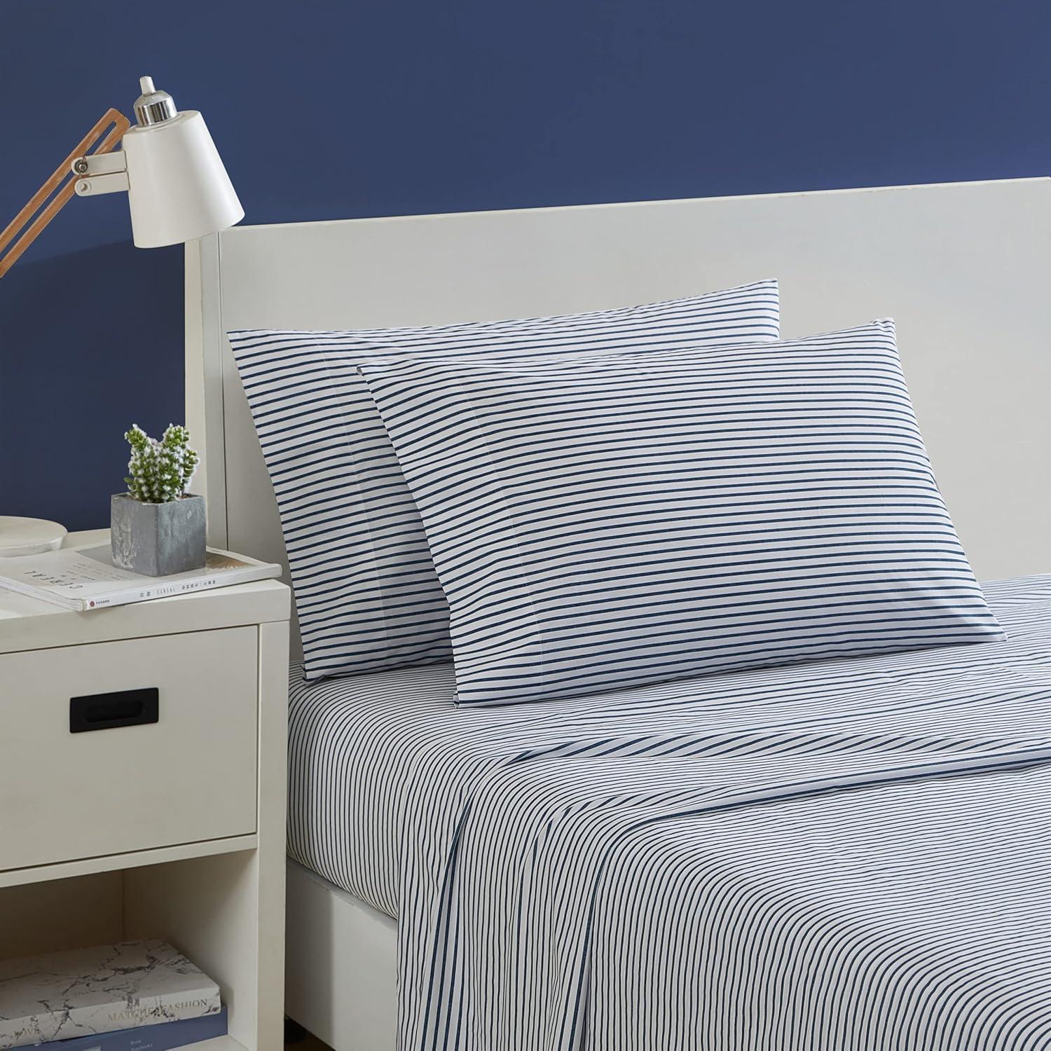 Navy and White Striped Cotton Percale Twin Sheet Set