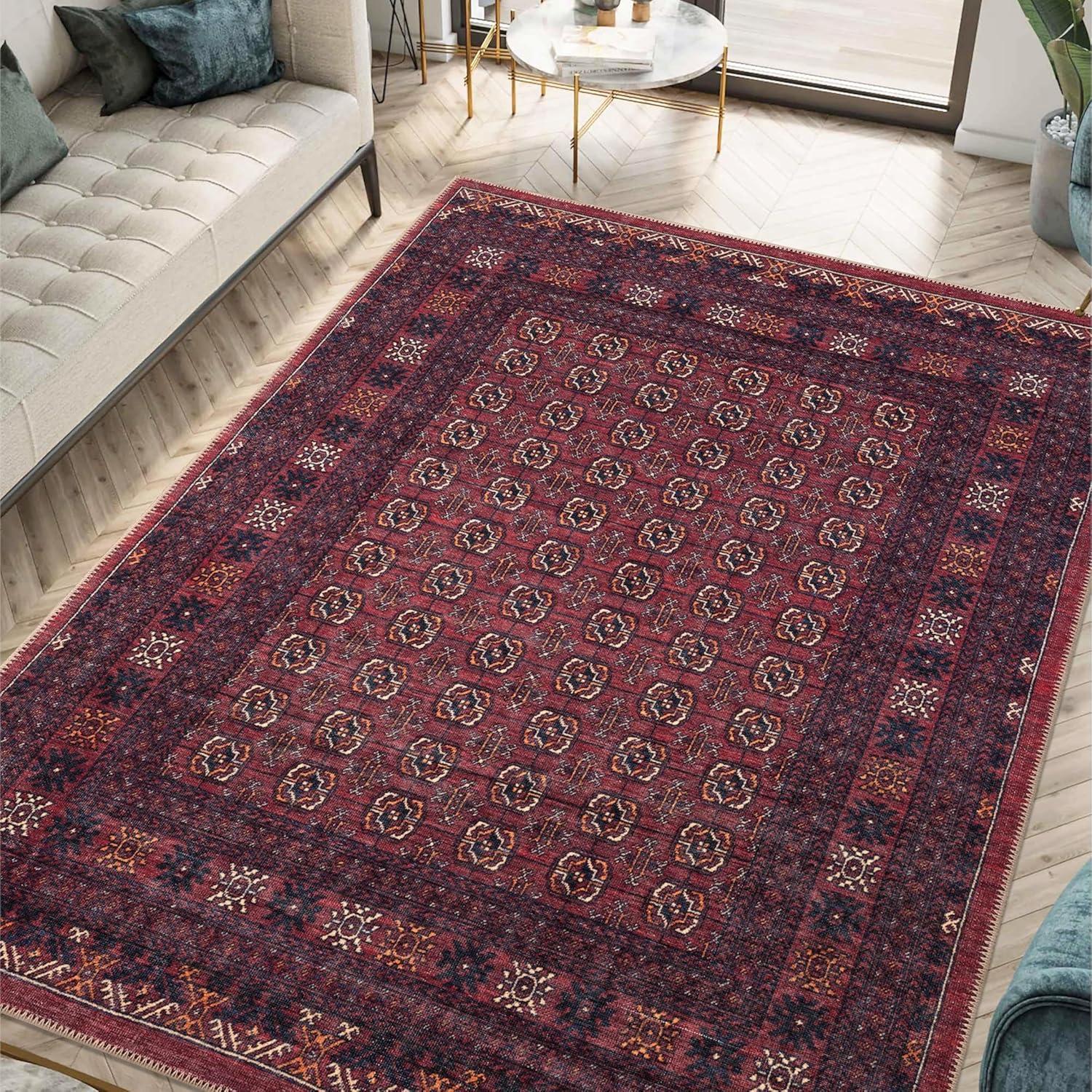 Burgundy and Navy Blue Synthetic Washable 8' x 10' Area Rug