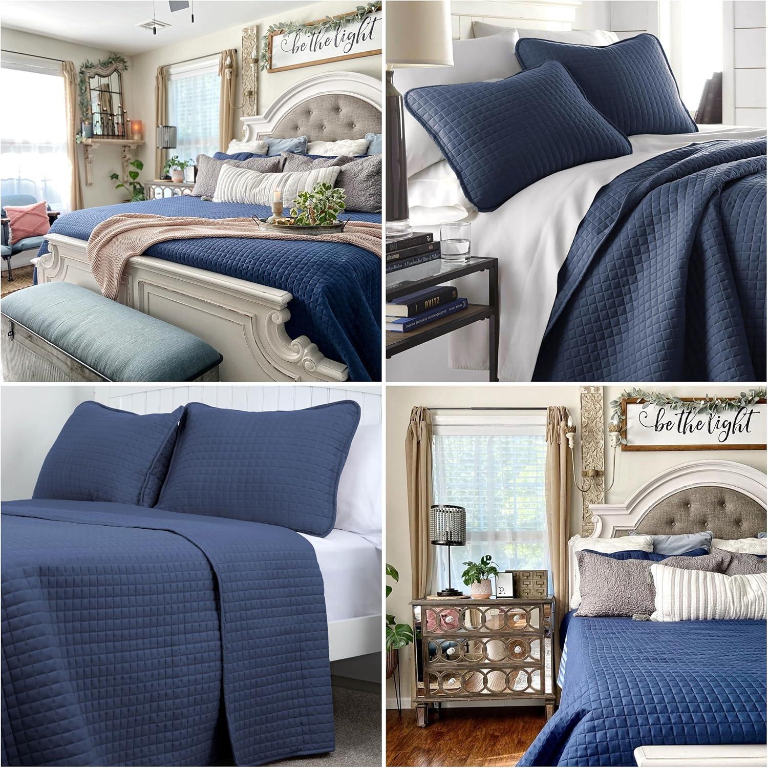 King Size Dark Blue Microfiber Quilt Set